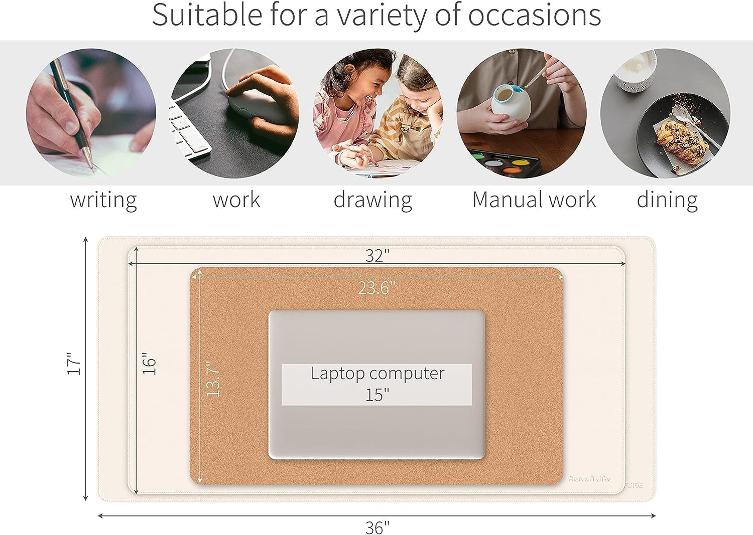 RENMTURE Dual-Sided Desk Pad, Natural Cork & PU Leather Large Mouse Mats for Office and Home Work, Desk Protector Non-Slip, Waterproof, Easy Clean (Beige, 32"X16") image number 4