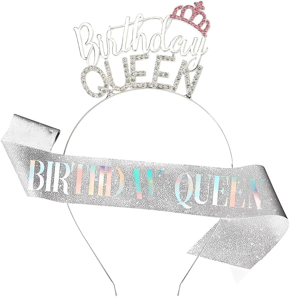 Birthday Queen Headband Crown and Sash Gold Birthday Tiara Headpiece with Rhinestones B-Day Gifts for Women Wife Her Happy Birthday Party Decorations Favors Accessories