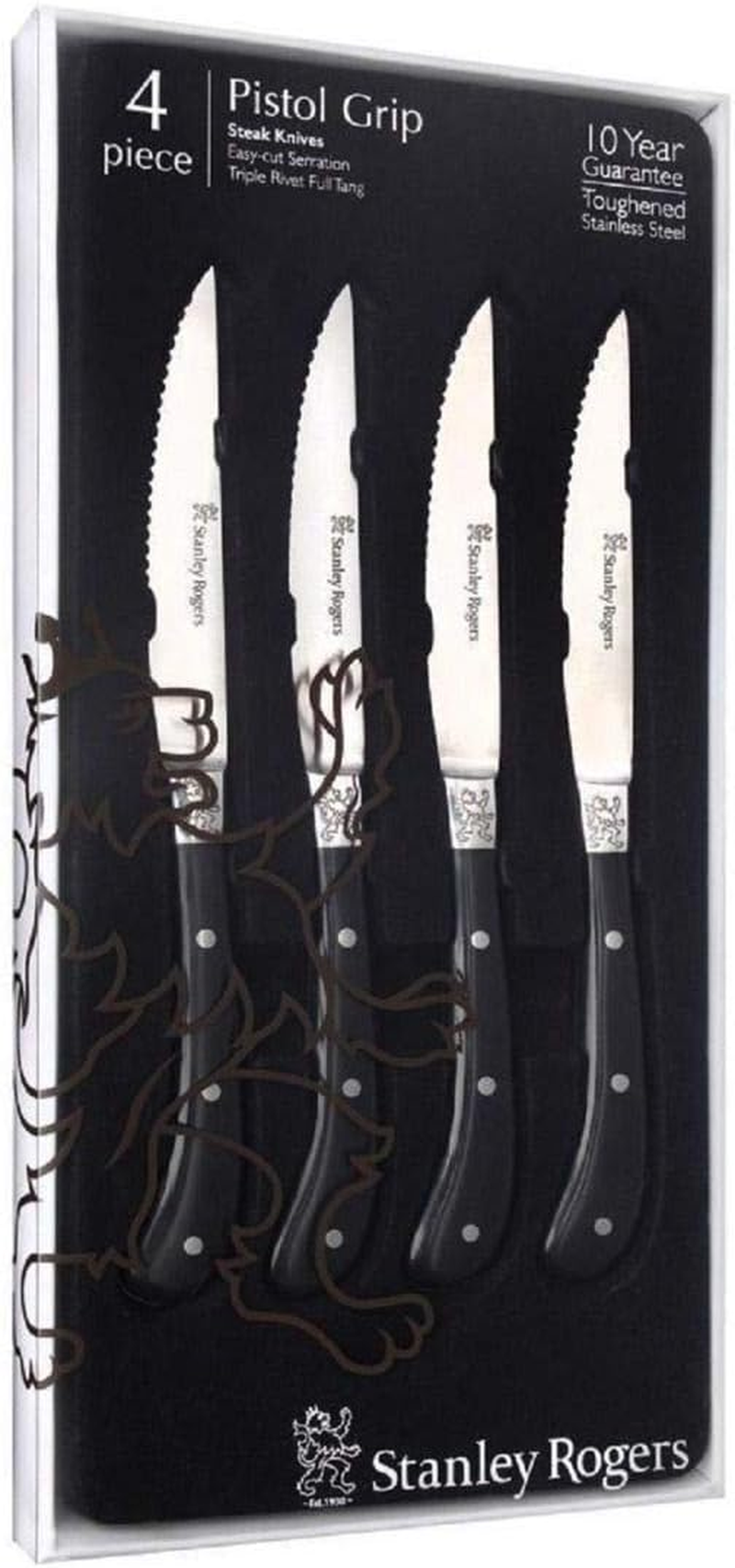 Stanley Rogers Pistol Grip Artisan Steak Knife Set, Stainless Steel Serrated Blade, Sharp Knives with Ergonomic Handle (Colour: Cream, Silver), Quantity: 1 Set, 4 Pieces