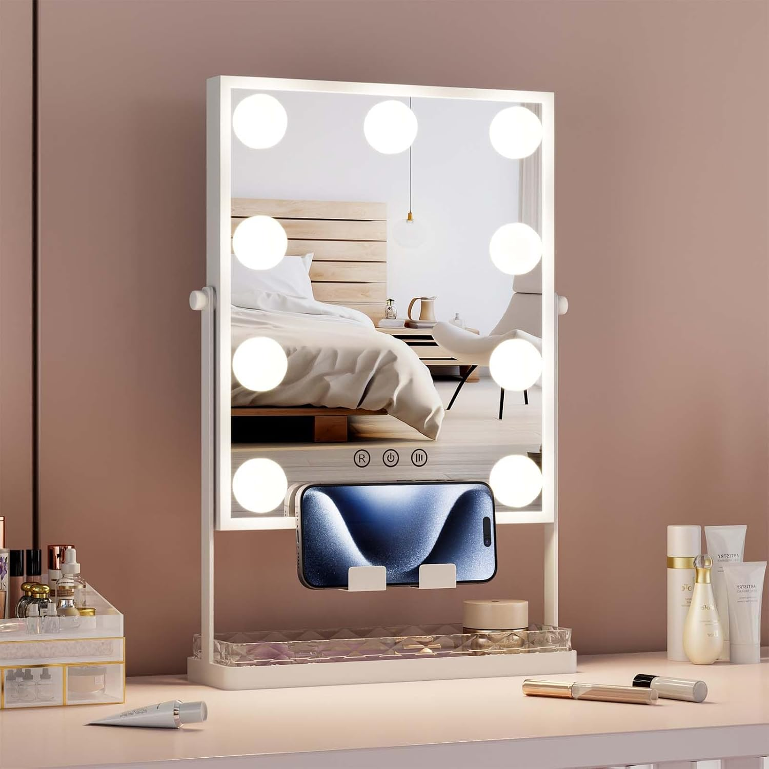 Hollywood Mirror Square Vanity Makeup Mirror Adjustable LED Lights with Storage Drawer Mobile Phone Holder 10X Magnifying Mirror image number 4