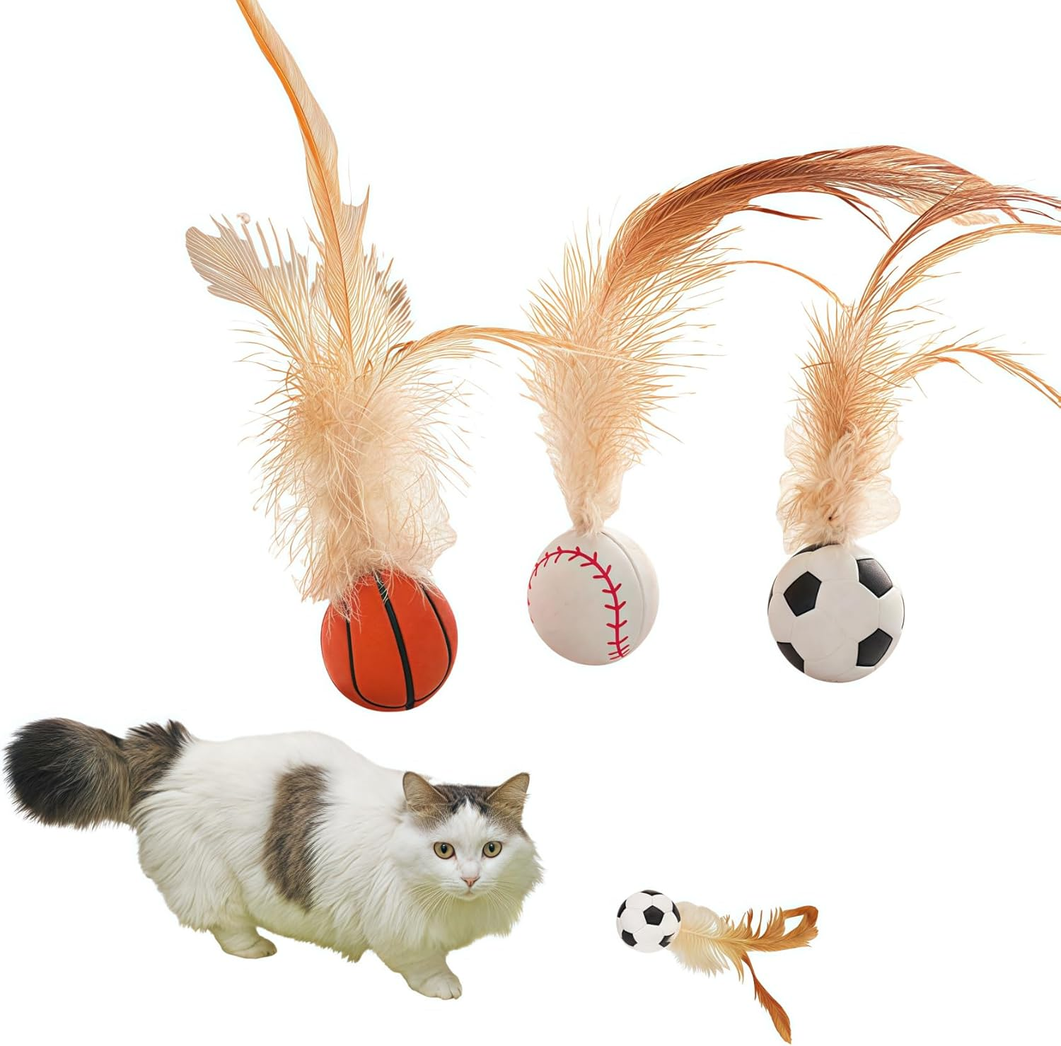 3 PCS Cat Bouncy Ball with Feather,Cat Feather Toys, Feathered Bouncing Cat Balls, Rubber High Rebound Nteractive Cat Toy Ball, Bouncy Tails Cat Toys for Indoor Outdoor Cats Pet