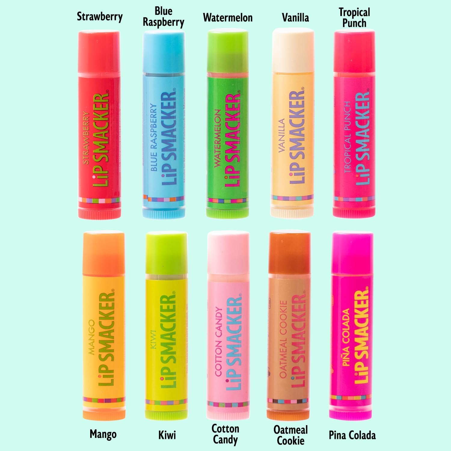 Lip Smacker Original & Best 10 Piece Lip Balm Party Pack Oatmeal Cookie, Vanilla, Mango, Watermelon, Tropical Punch, Cotton Candy, Kiwi, Strawberry, Blue Raspberry, Pina Colada image number 3