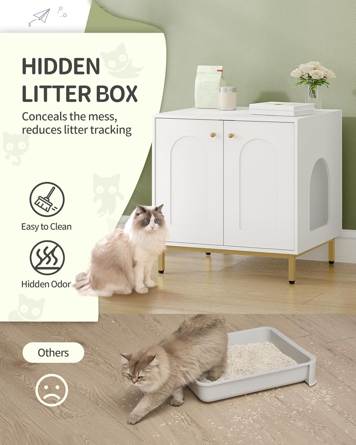 Hzuaneri Cat Litter Box Enclosure, Hidden Litter Box Furniture, Wooden Pet House Side End Table, Storage Cabinet Bench, Fit Most Cat and Litter Box, Living Room, Bedroom, White and Gold CB81203G image number 1
