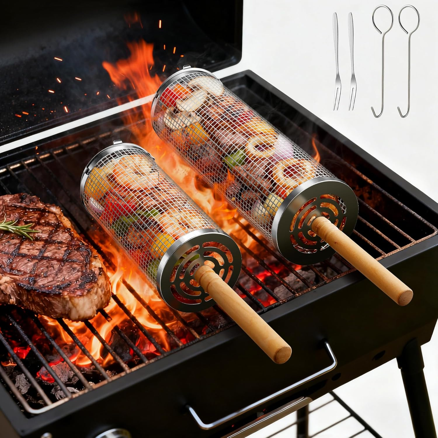 2PCS Rolling Grill Baskets with Removable Wooden Handle, 304 Stainless Steel, Nesting Grilling Net, BBQ Accessories Tools for Vegetables Shrimp, Outdoor Grilling Cookware image number 6