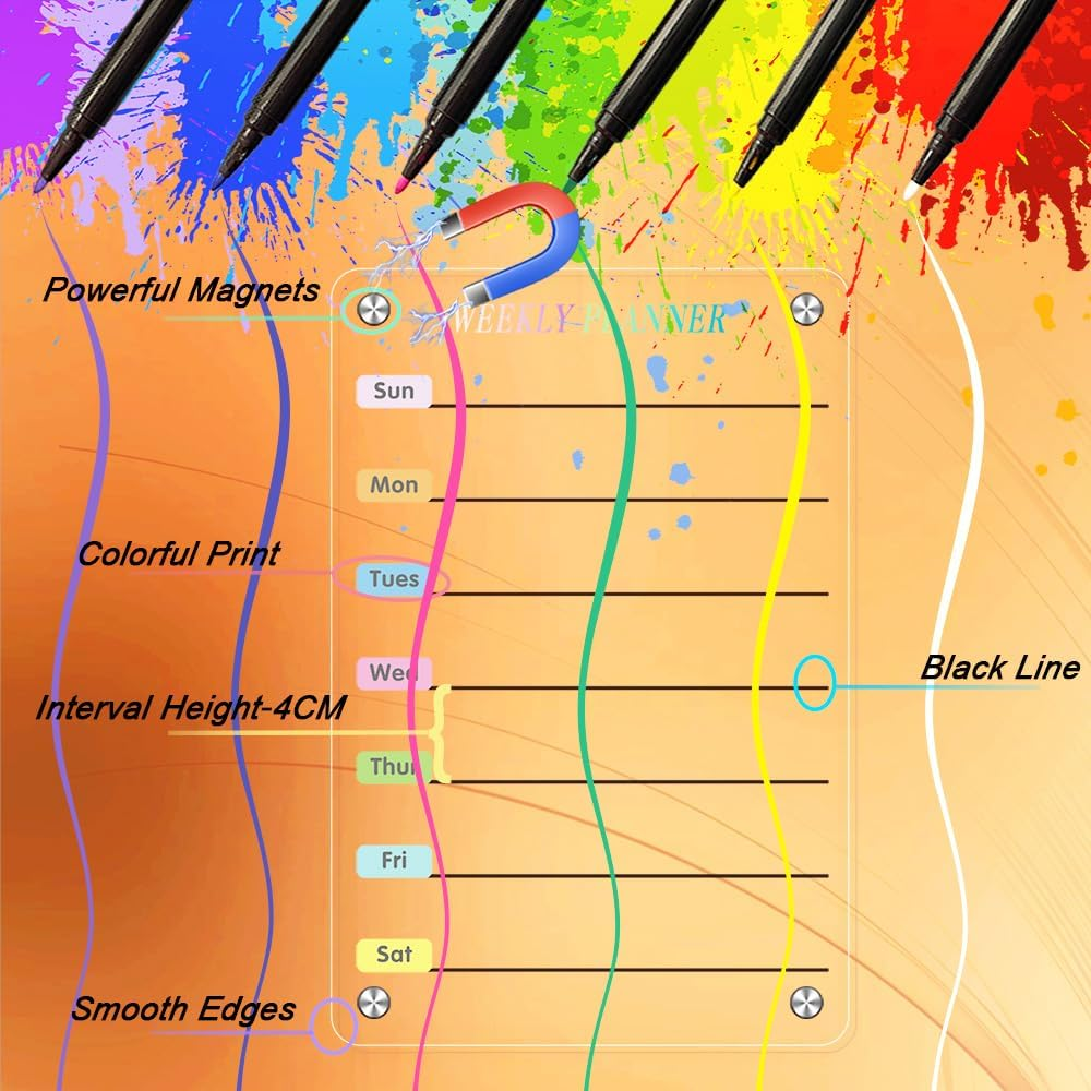 Acrylic Magnetic Planner for Fridge, Includes 6 Colorful Liquid Markers, Marker Holder, Cleaning Towel, Silicone Covers (33 * 22 Weekly Planner) image number 5