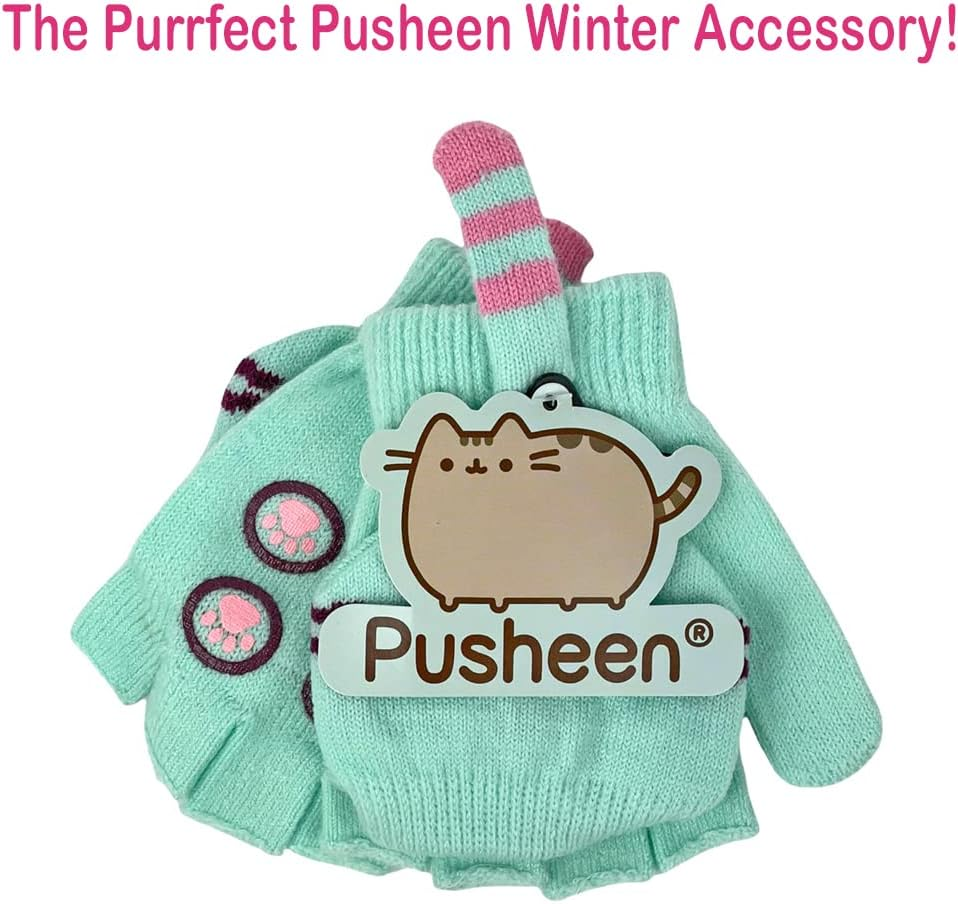 Pusheen Cat Mittens Convertible to Fingerless Gloves - Women & Teens Size, Mint Green image number 3