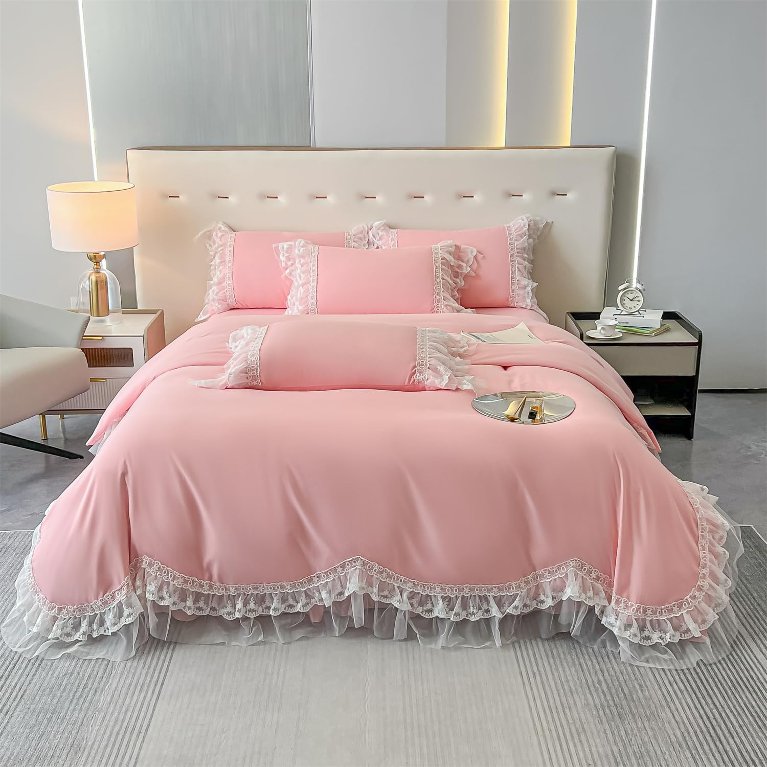 MOOWOO Chic Ruffle Lace Polyester Duvet Cover Set -Girl Black Bedding-3 Piece Queen Duvet Cover with Zipper Closure -Ultra Soft and Light Weight (Black,Full)