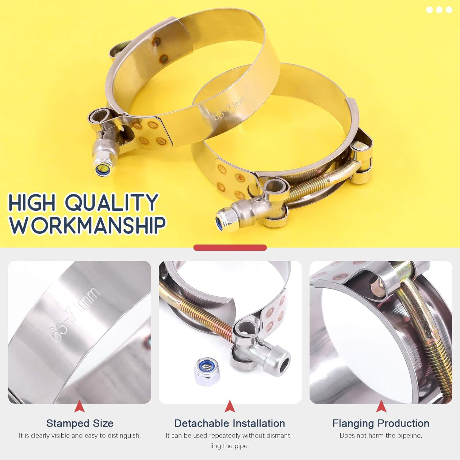 Hilitchi 5Pcs Stainless Steel T-Bolt Clamps with Rounded Band Edges Heavy Duty Turbo Intake Intercooler Clamp (63-71MM) for 2 1/4 Inch image number 2