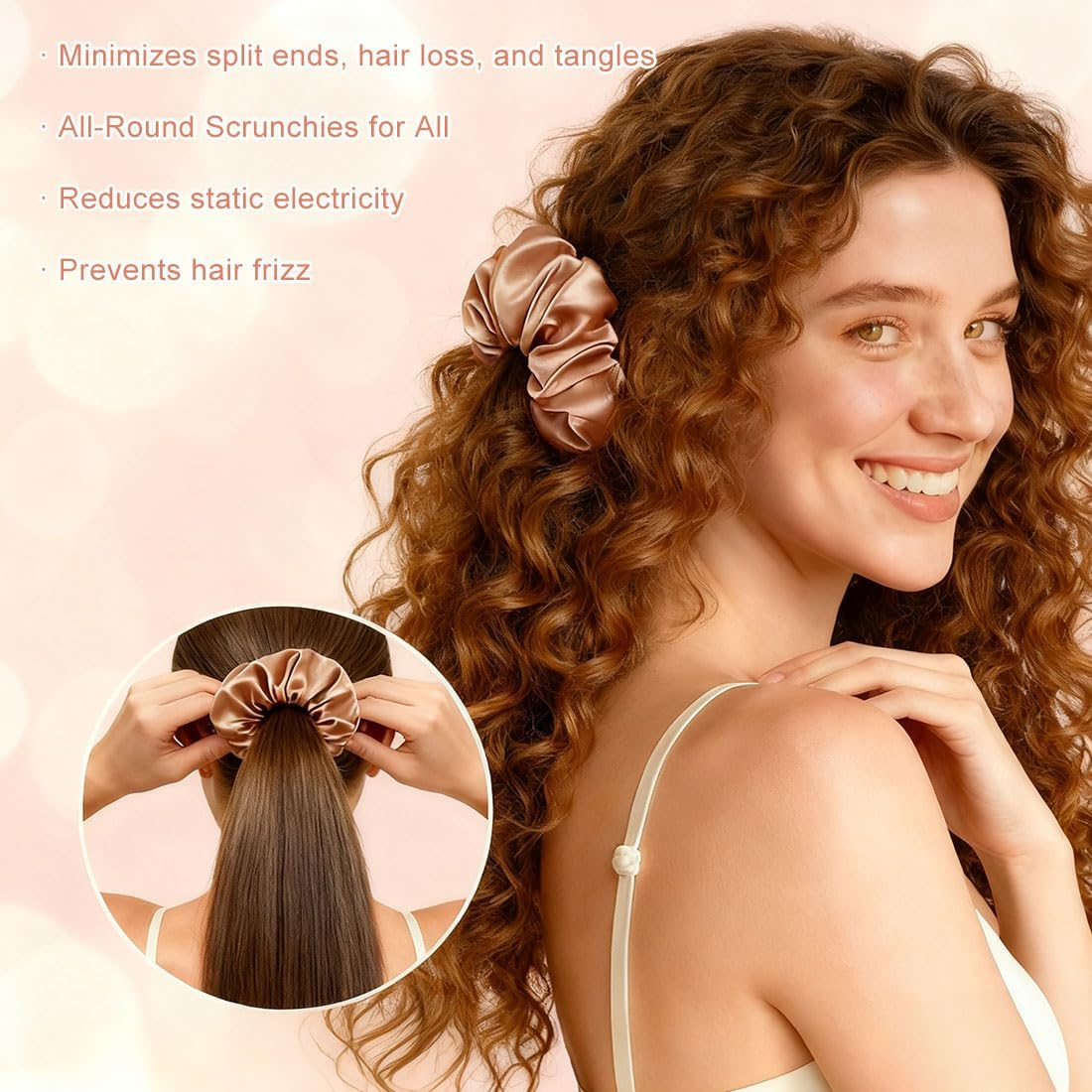 ZWWOGE 4 Piece Set Silk Bonnet for Sleeping, Consisting of Two Sizes Silk Hair Bobbles and a Scrunchies in Champagne Pink and Pink, Gentle on Hair, Satin Hair Scrunchie