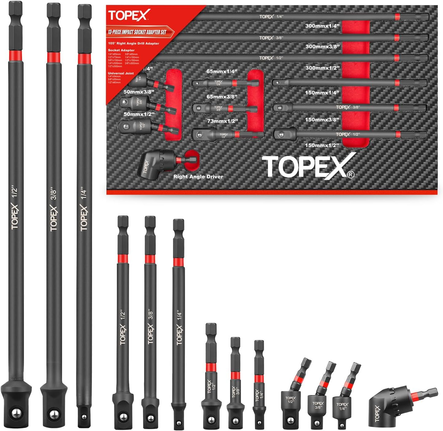 TOPEX 13-Piece Impact Drill Socket Adapter Set and Universal Joints Socket Set, 1/4" 3/8" & 1/2" Driver Socket Adapter with 105&deg; Angle Screwdriver Drill Bit, Power Drill Impact Grade Socket Extensions