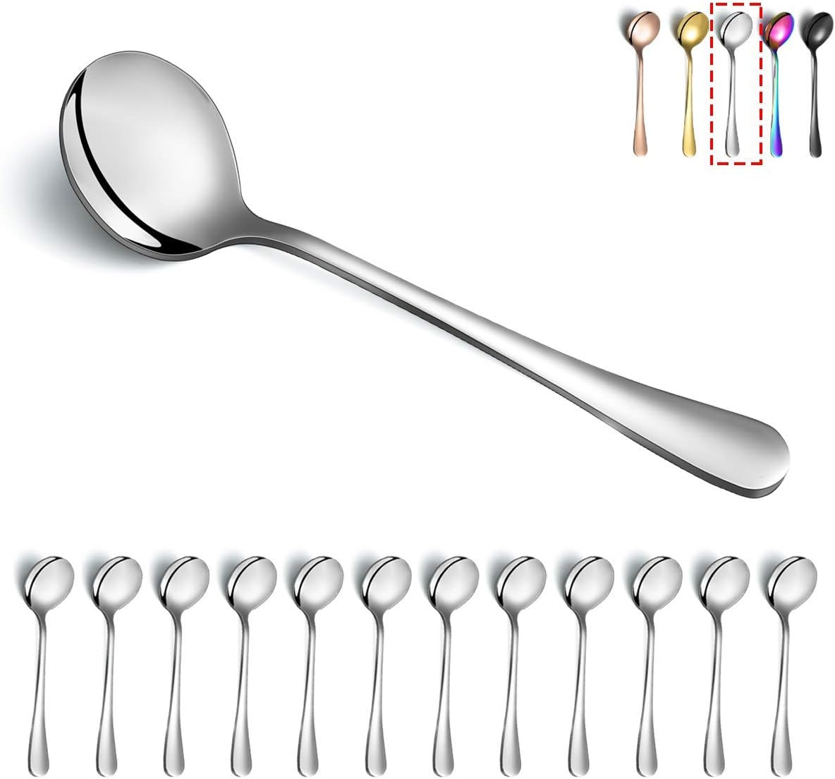 Kyraton Rainbow Soup Spoons, 6 Pieces Stainless Steel round Spoons with Rainbow Titanium Plating, Colorful Dinner Spoon Table Spoon, Spoons Silverware Dishwasher Safe Set of 6