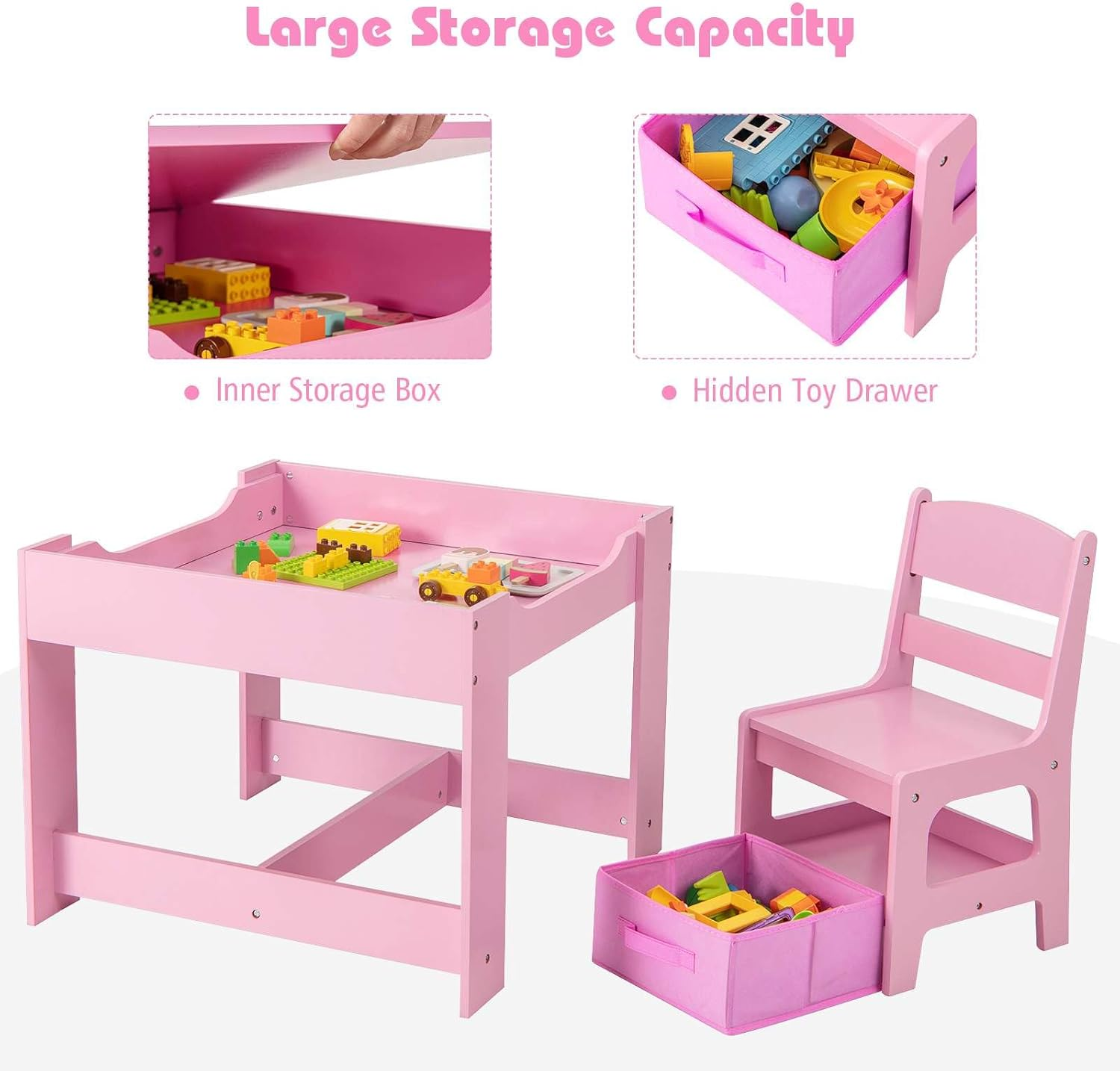 Costway Kids Table and Chairs Set, 3-Piece Kids Furniture Set, Kids Play Table and Chair Set, Toddler Table and 2 Chairs Set, Double Sided Kids Table, Children Activity Art Desk Set (Pink) image number 5