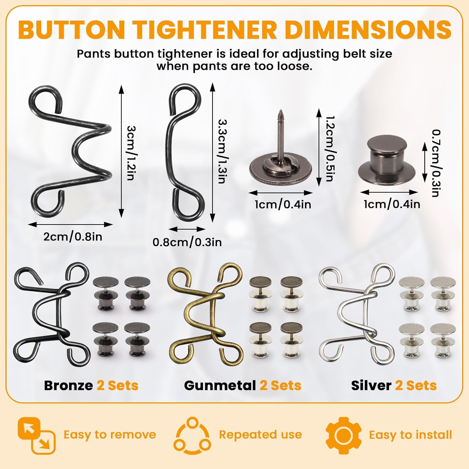 Yitexin 36 Pcs Pants Jean Buttons for Loose Jeans Adjustable, No Sewing Pant Waist Tightener, Pants Clips to Tighten Waist Size Down, Waist Buckle Extender Pins Adjuster for Women (6 Sets, 3 Colors) image number 2