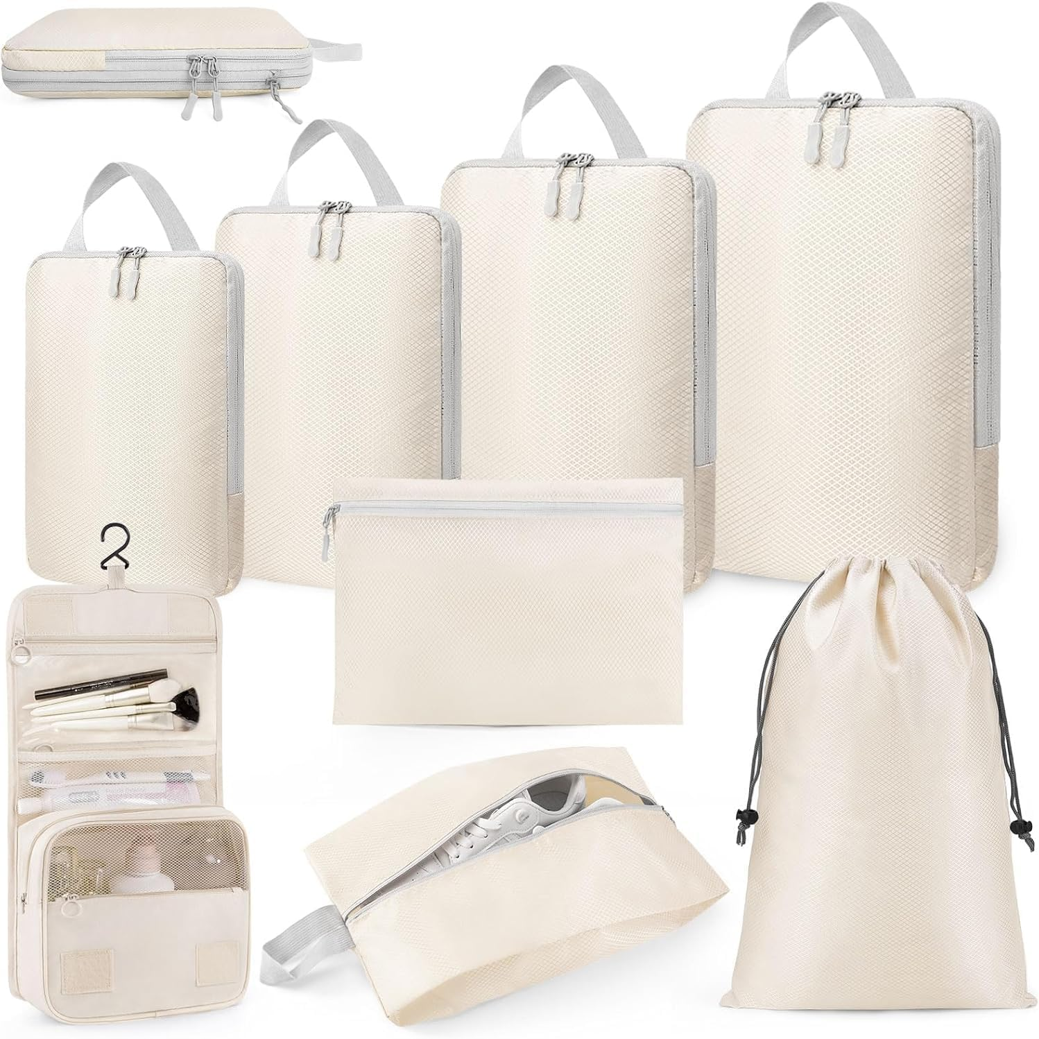 TRMFUSA Compression Packing Cubes 8 Set, Suitcase Organiser Bags, Travel Cubes for Suitcases, Luggage Organiser Packing Bags, Flight Cruise Holiday Essentials (Beige)