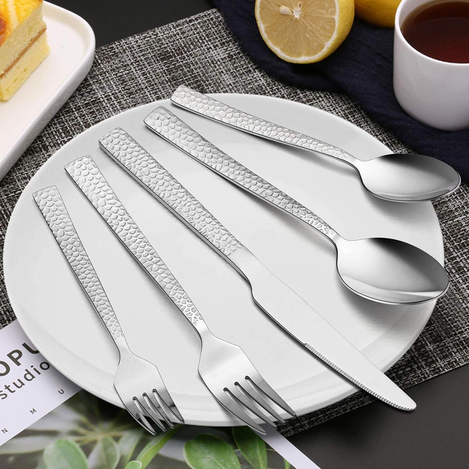 E-Far Hammered Silverware Set, 40-Piece Stainless Steel Square Flatware Set for 8, Metal Tableware Cutlery Set Includes Dinner Knives/Forks/Spoons, Modern Design & Mirror Polished - Dishwasher Safe image number 3