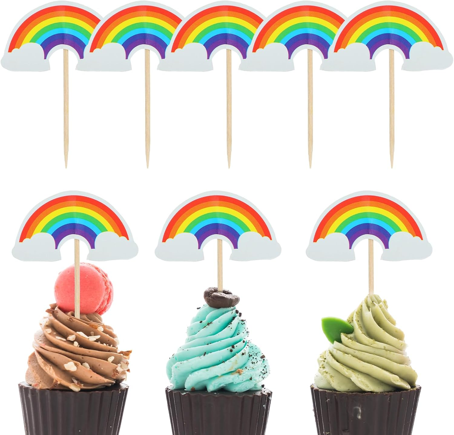 COMNICO 24 PCS Rainbow Cupcake Toppers Theme Party Cake Decorations DIY Cake Picks Insert Toppers Cute Dessert Decorating Supplies for Girl Boys Baby Shower Birthday Party Baking image number 5