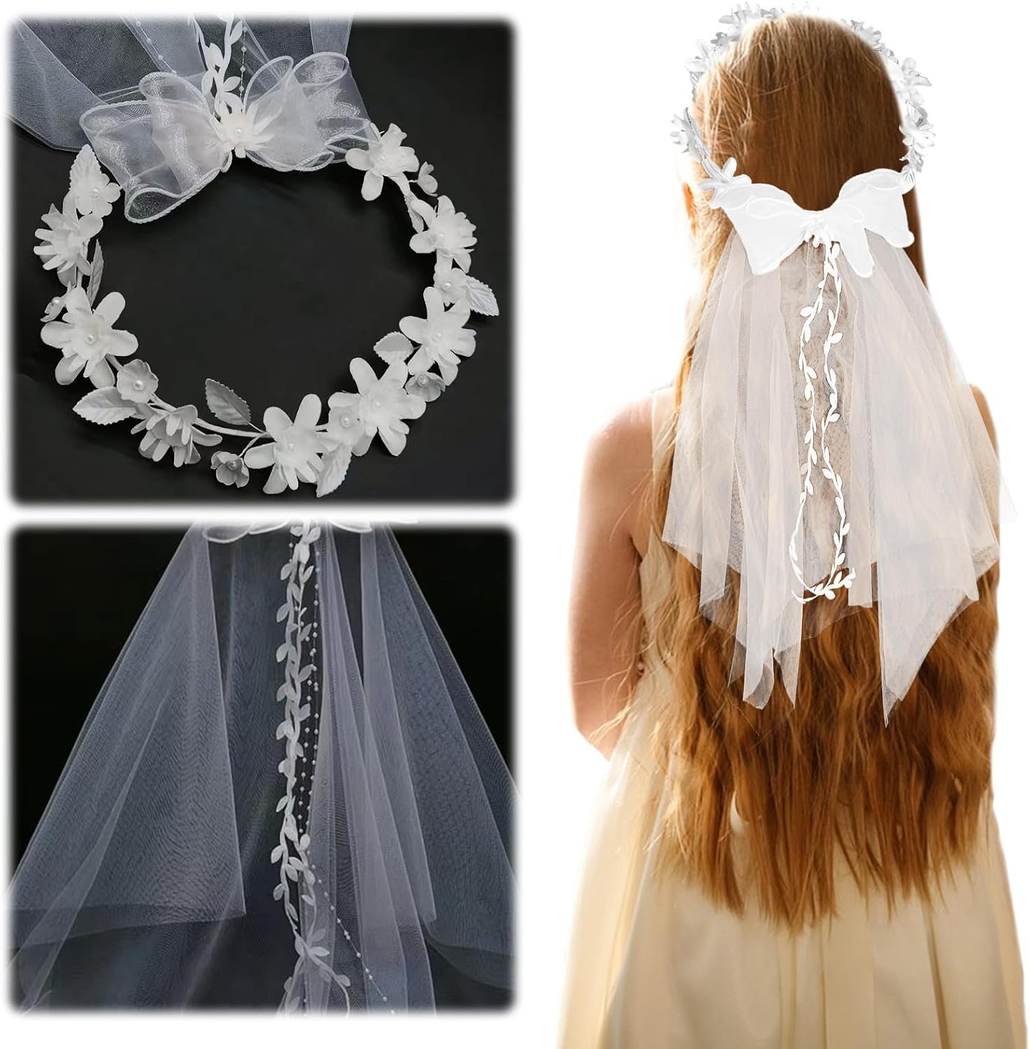 KERANEET Wedding Headband Flowers Headband Wedding Hair Accessories Communion Girls Flowers Headband White Girls Flower Headdress Wedding for Flower Girls and Bridesmaid