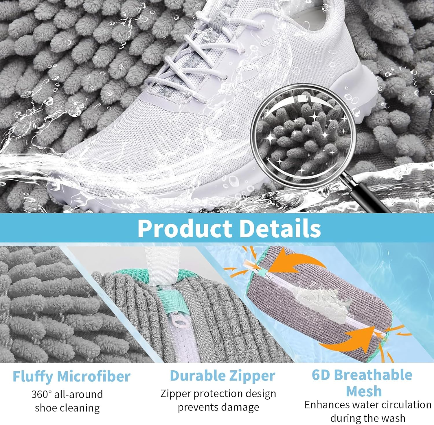 2 Pcs Shoe Washing Bag for Washing Machine, Reusable & Durable Laundry Mesh Bags for Washer & Dryer, Plush Protection for Sneakers, Trainers, Tennis Shoes, Gentle Wash & Dry Delicates (Grey)