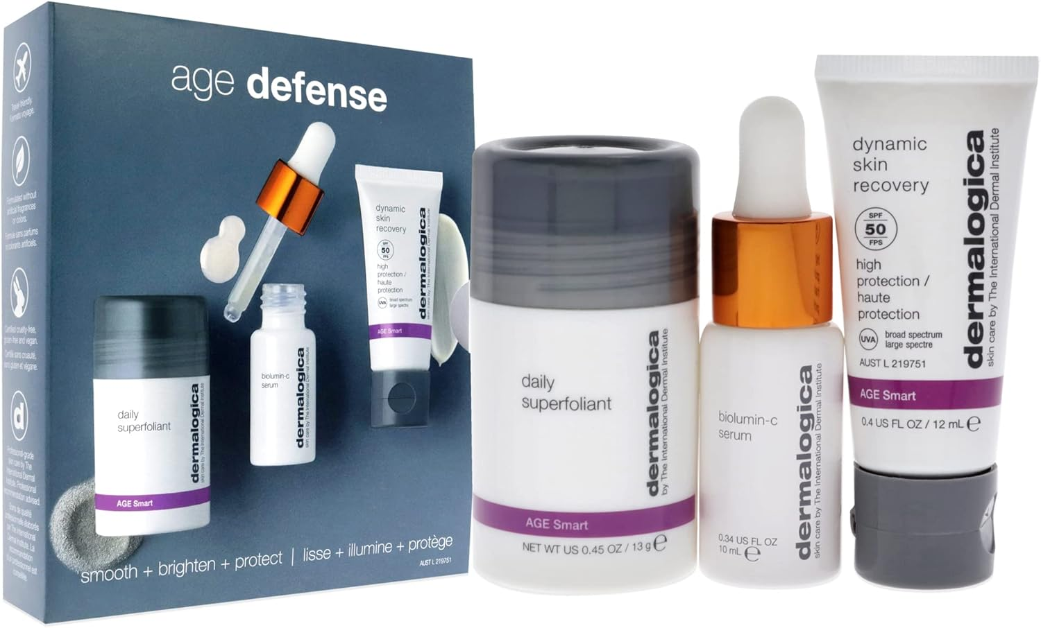 Dermalogica Age Defense Kit for Unisex 3 Pc 0.45Oz Daily Superfoliant, 0.34Oz Biolumin-C Serum, 0.4Oz Dynamic Skin Recovery SPF50