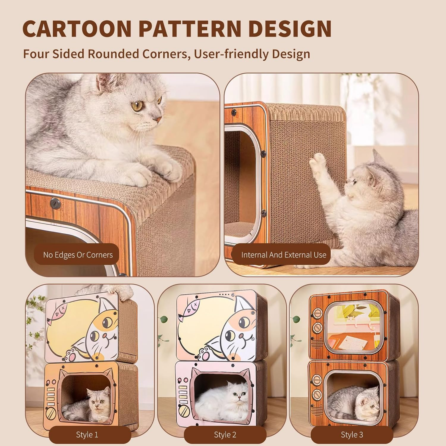 PETCUTE Cat Scratching Boards, 3-In-1 Cat Scratching Box Made of Corrugated Cardboard with Non-Slip Base, Corrugated Cardboard Cat Tree House, Recyclable Scratching Pad, Cat Scratching Mat for Indoor