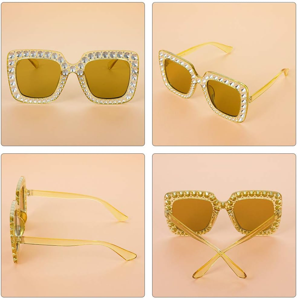 6 Pack Oversized Square Sparkling Sunglasses Retro Thick Frame Rhinestone Sunglasses Bling for Women Girls (Yellow, Pink, Light Yellow, Grey, Tawny), Light Gray, Clear Pink, One Size image number 4