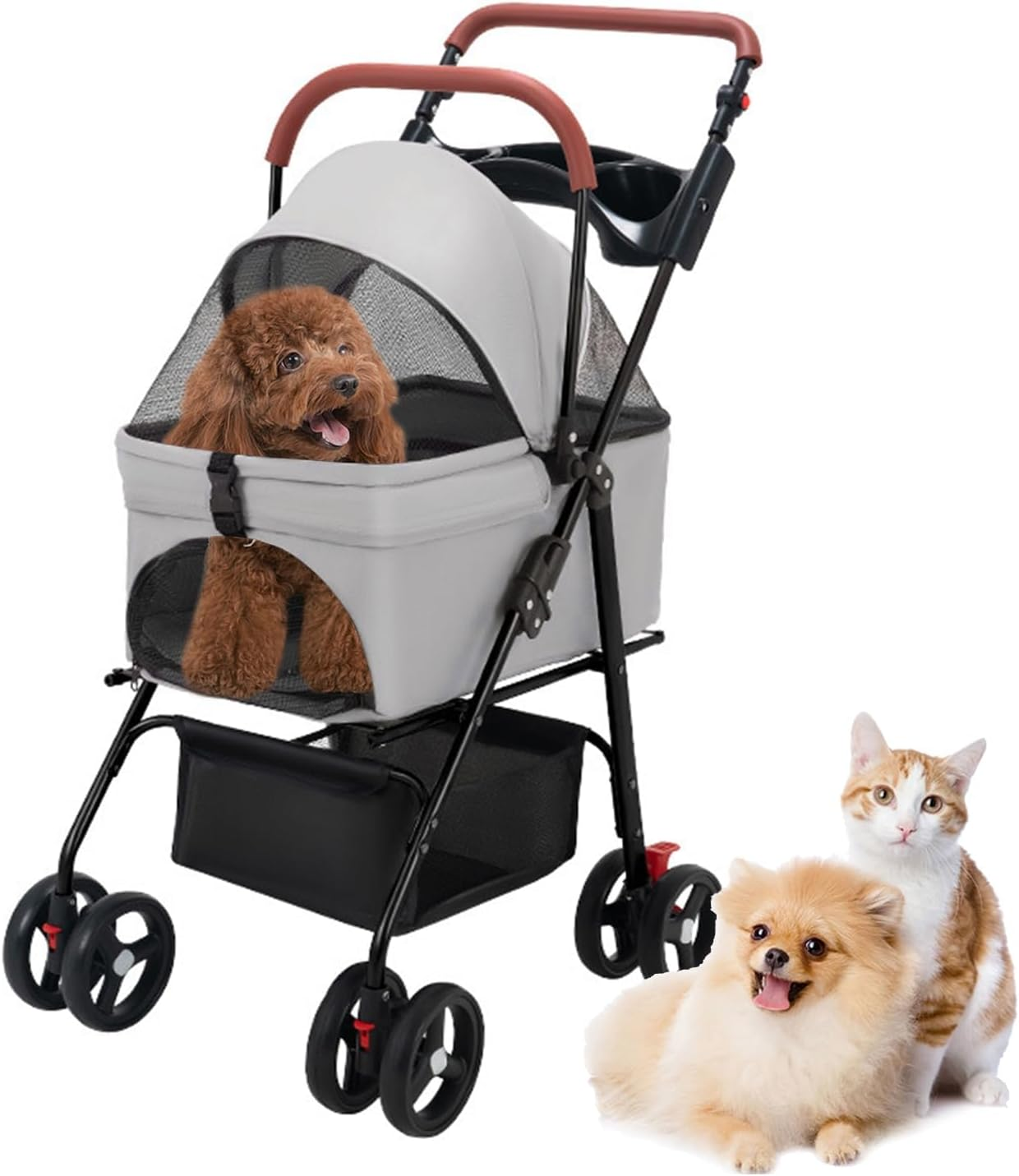 Pet Stroller-Folding 4 Wheels Cat/Dog Stroller for Medium Small Pets with Storage Basket and Cup Holder Suitable for Going Out and Traveling (Black)