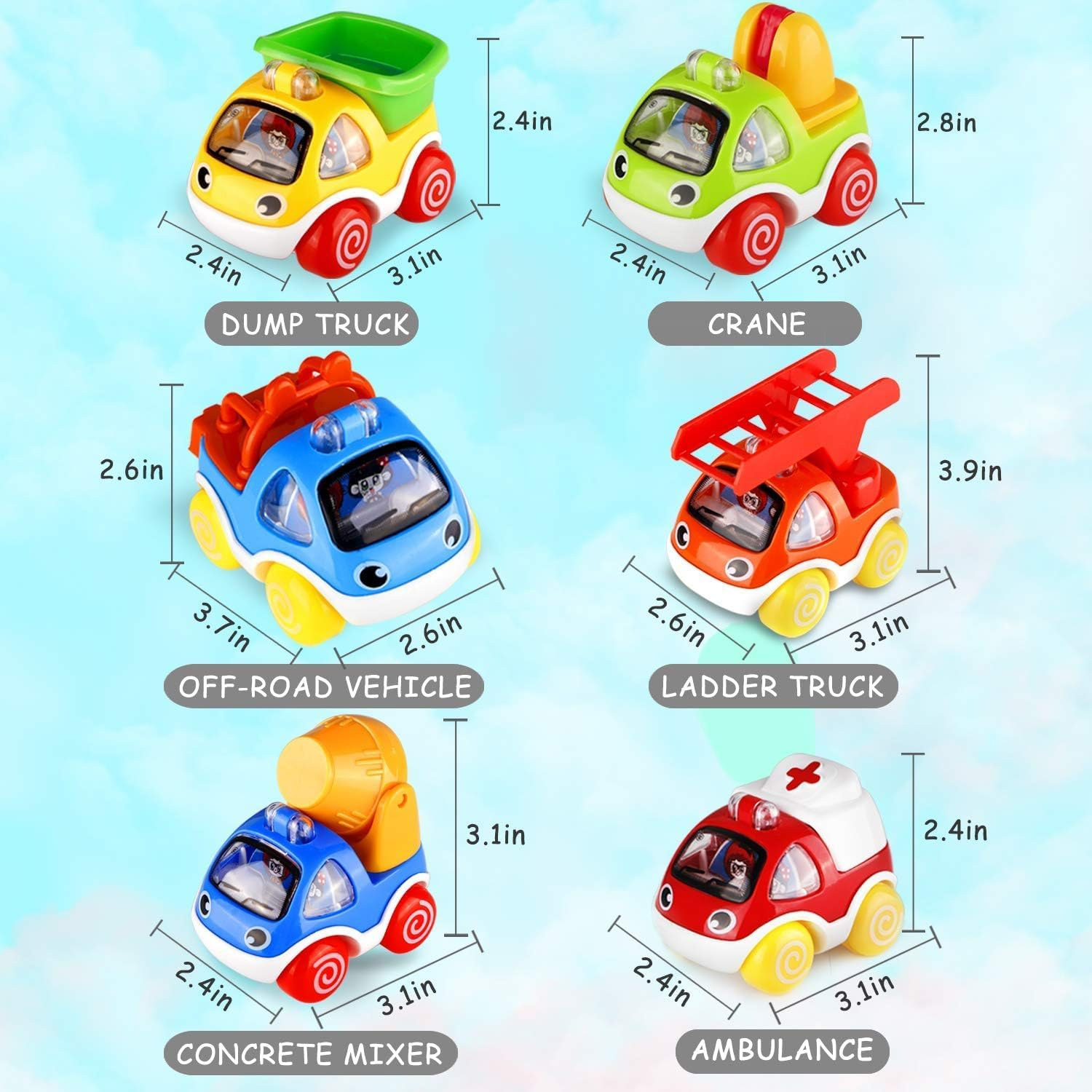 Pull Back Cars, Toy Cars for Toddlers, Push and Go Vehicles Toys Friction Powered Car Toys Christmas Birthday Present for Kids, Boys and Girls (6 Pcs) image number 6