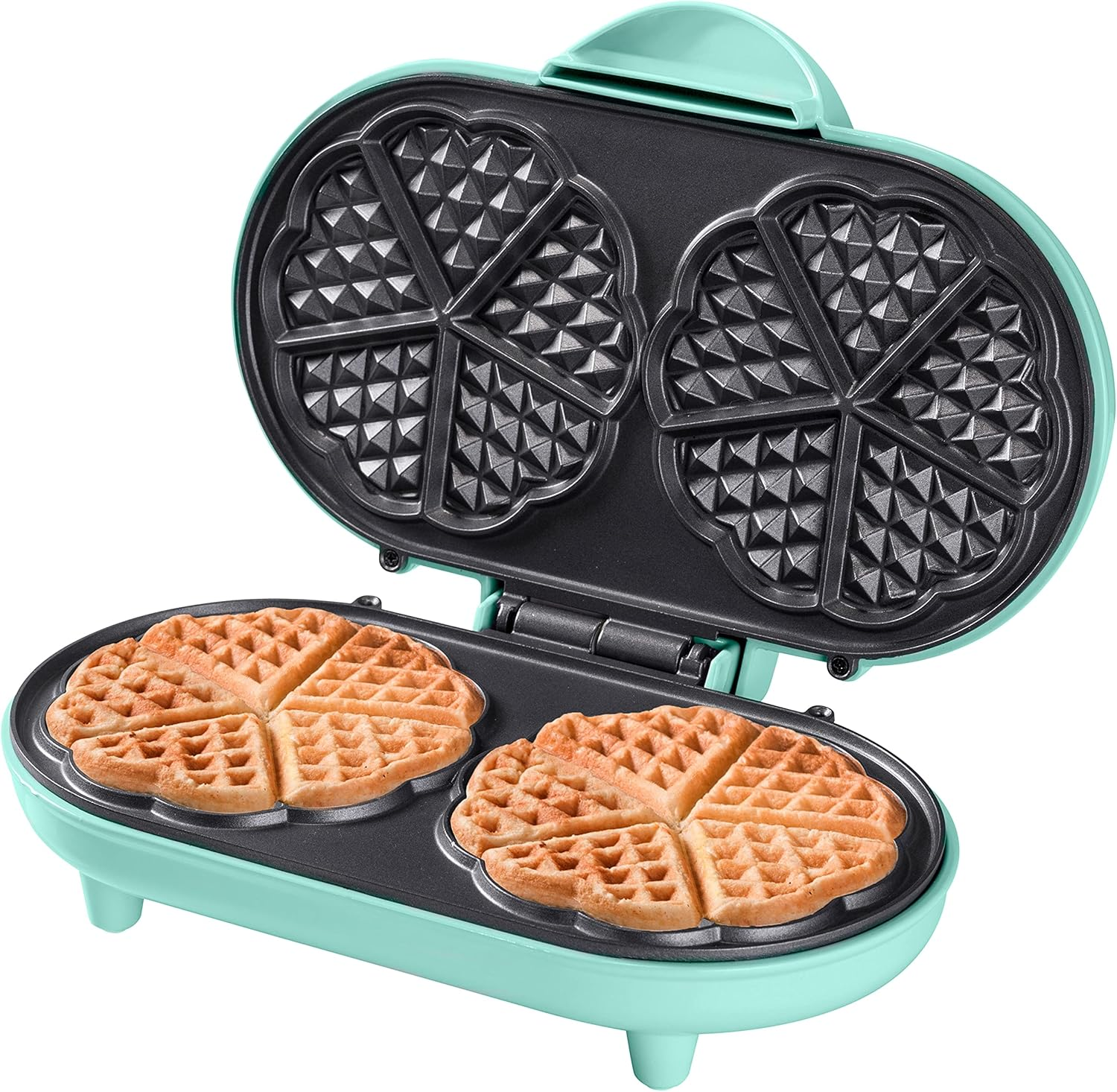 Bestron Double Waffle Iron for Classic Heart Waffles, Heart Waffle Iron with Baking Light and Non-Stick Coating, Ideal for Children'S Birthdays, Easter and Christmas, Colour: Mint