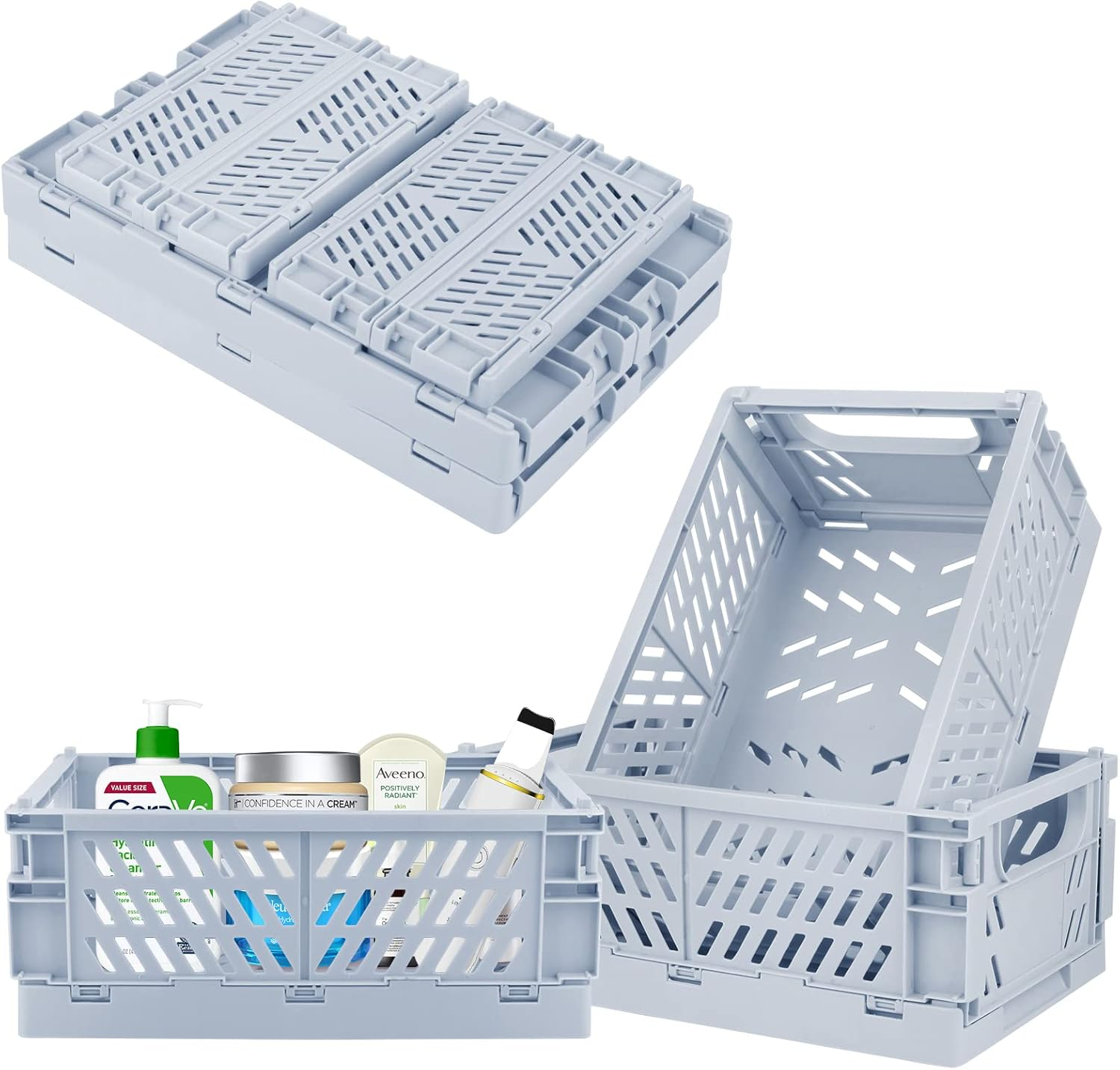 Weraher Plastic Storage Baskets for Desk Organizing, Office Drawer Organizer, 2 Medium+2 Small Durable Folding Storage Crate for Home Kitchen Classroom Office Bedroom and Bathroom Storage (Blue)