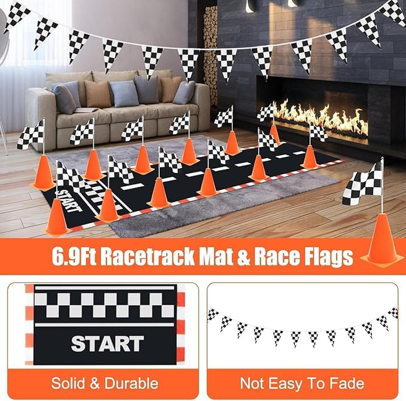 38 Pcs Checkered Flag Party Supplies Include 24P Racing Checkered Flags Hand Held 12P Traffic Cones,Floor Path for Race Track, Birthday Party Supplies, Kids Table Decoration image number 4