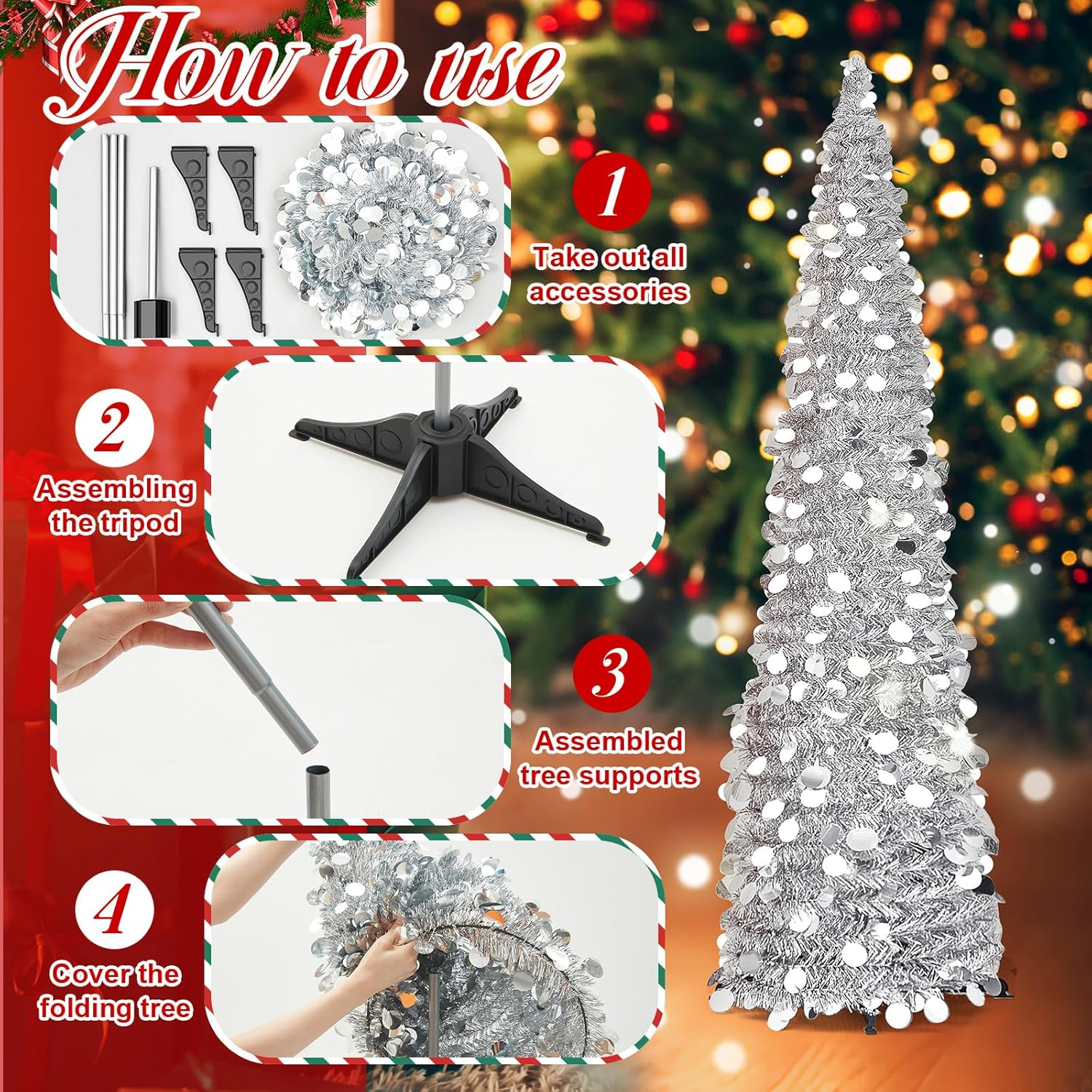 Leyndo Collapsible Artificial Christmas Tree - Pencil Pop up Tinsel Sequined Tree for Home & Fireplace Decoration image number 2