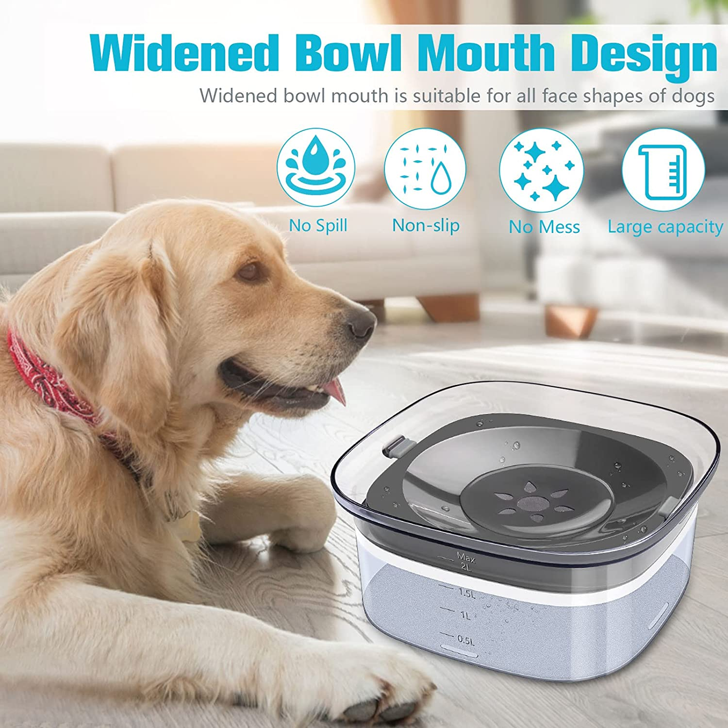 UPSKY Dog Water Bowl Slow Water Feeder 70Oz Clear Dog Bowl No Spill Pet Water Dispenser 2L Visible Water Level Slow Drinking Bowl for Dogs and Cats image number 4