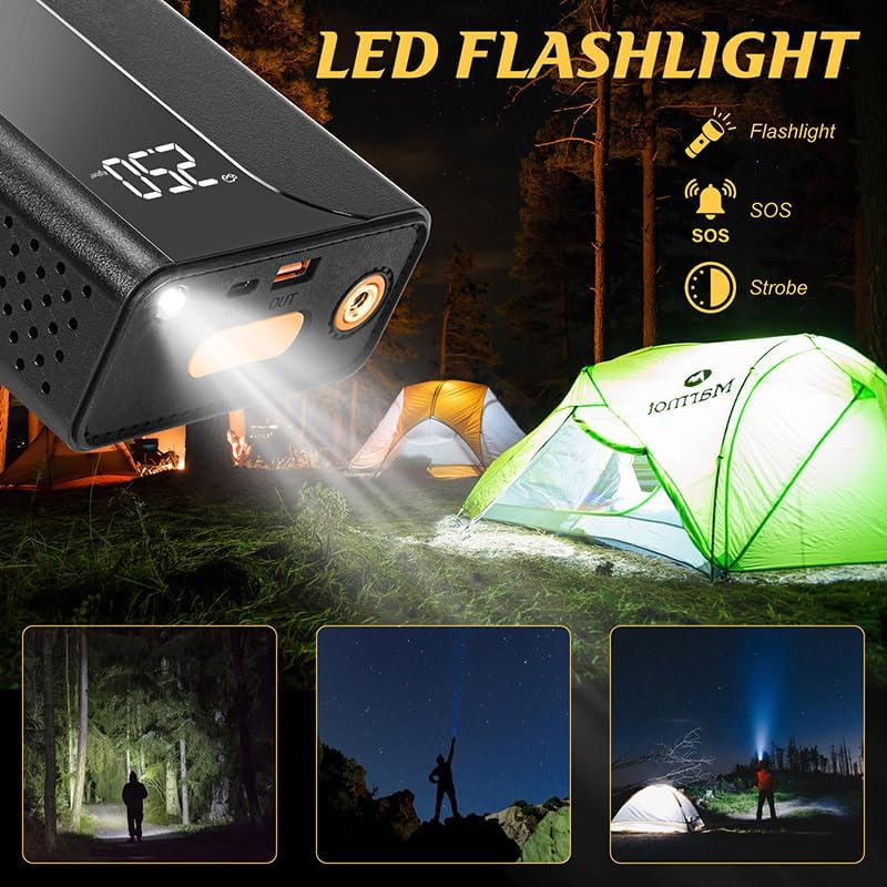 2000A Car Jump Starter with Air Compressor& LED Light, 150PSI Portable Tire Inflator, 12V Battery Booster, LCD Display - Black image number 3