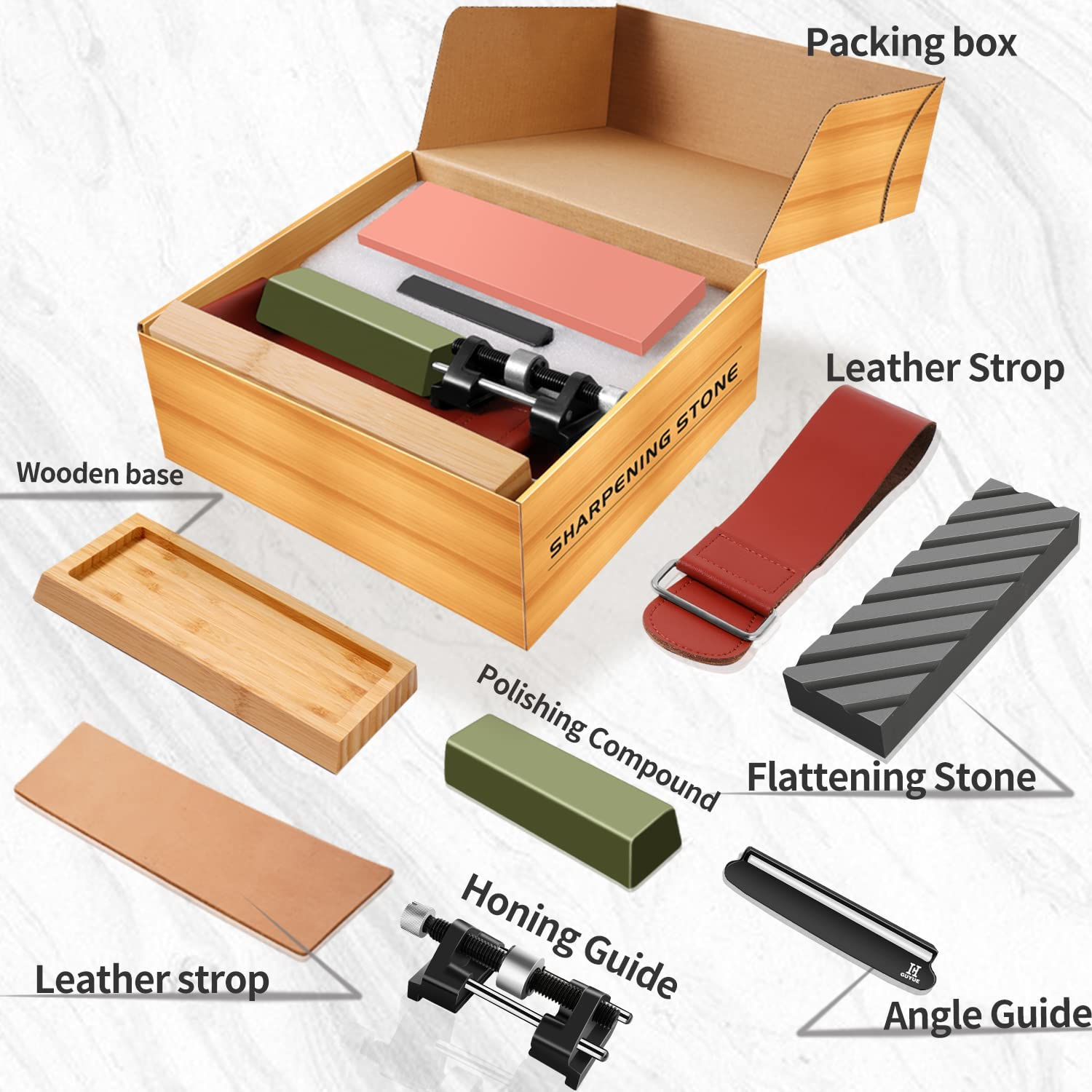 GUYUE Professional Knife Sharpening Stone Set,Professional Whetstone Sharpener,Premium 4 Side Grit 400/1000 3000/8000 Water Stone,Flattening Stone,Non-Slip Bamboo Base,Chisel Honing Guide.