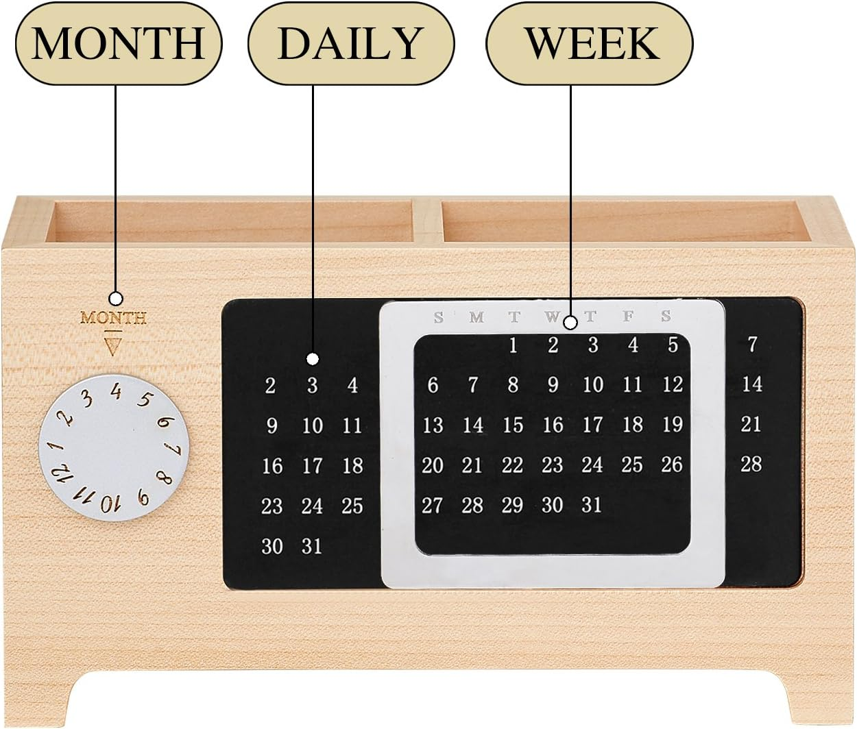 Artinova Wooden Office Desk Organizer Pen and Pencil Holder Stationery Storage Box with Calendar for the Desk ARTA-0006M