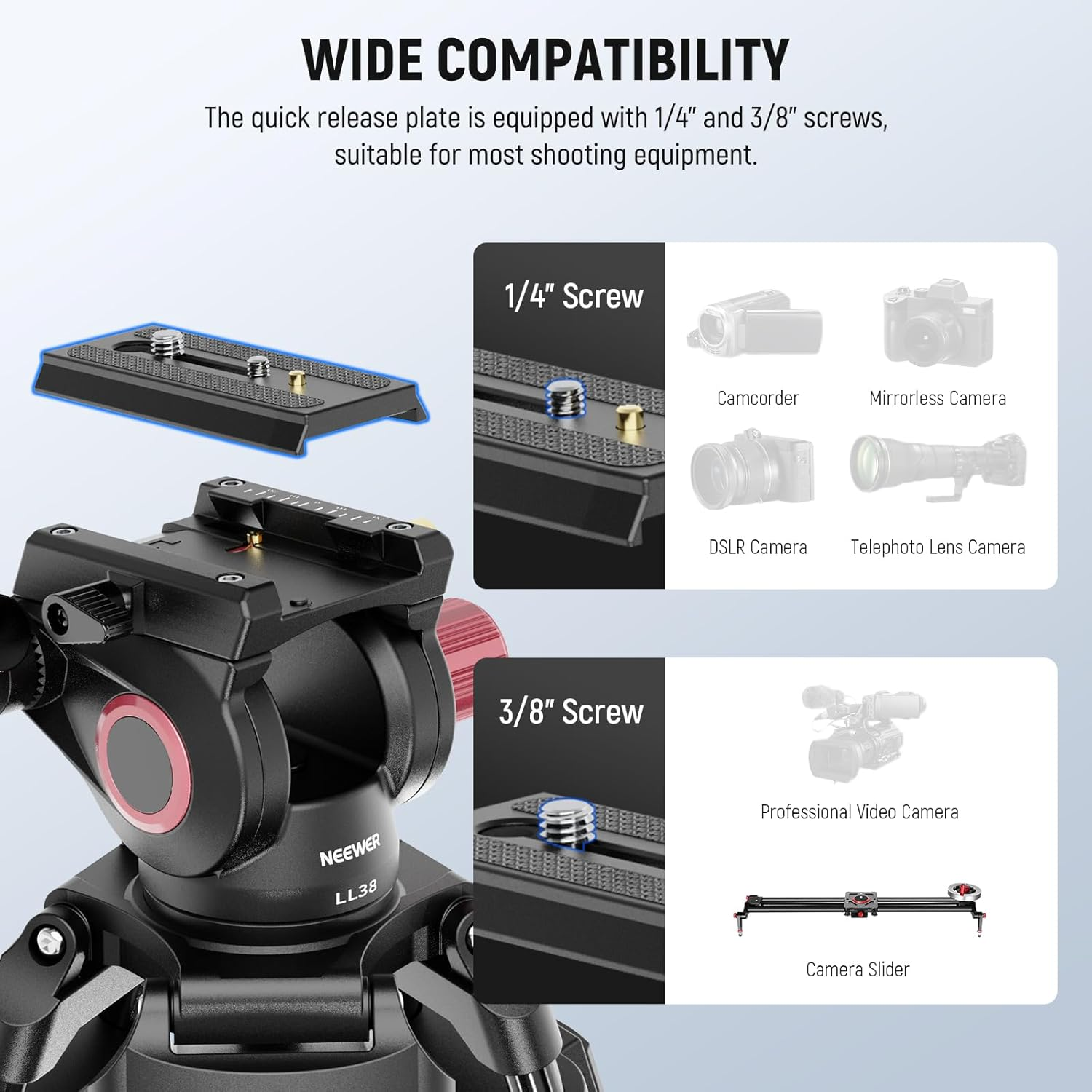 NEEWER 79"/2M Video Camera Tripod with Fluid Head, One Step Quick Release Aluminum Heavy Duty Tripod Stand, QR Plate Compatible with Canon Nikon Sony DSLR Camera Camcorder, Max Load 17.6Lb, LL38 image number 2