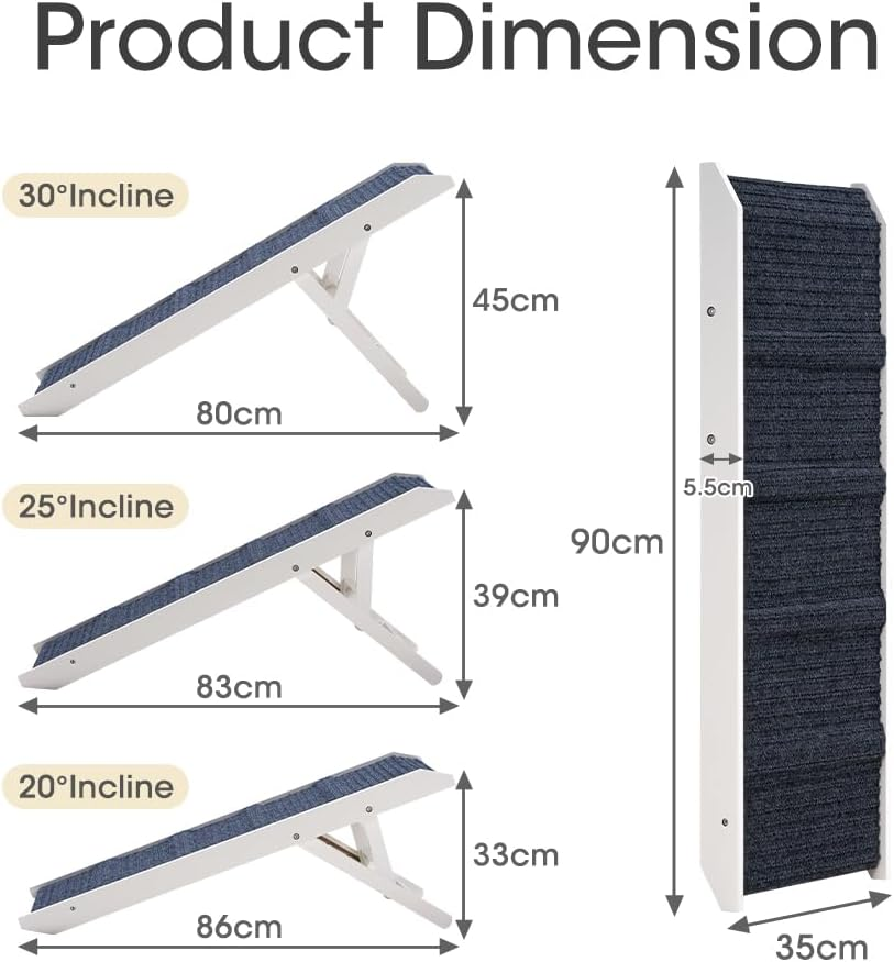 Dog Ramp for Bed for Small Medium Dogs, 90CM Long 33-45CM Adjustable Height Dog Stairs, Folding Portable Pet Ramp for Couch, Bed or Sofa, Pet Ramps with Non-Slip Carpet, White image number 1