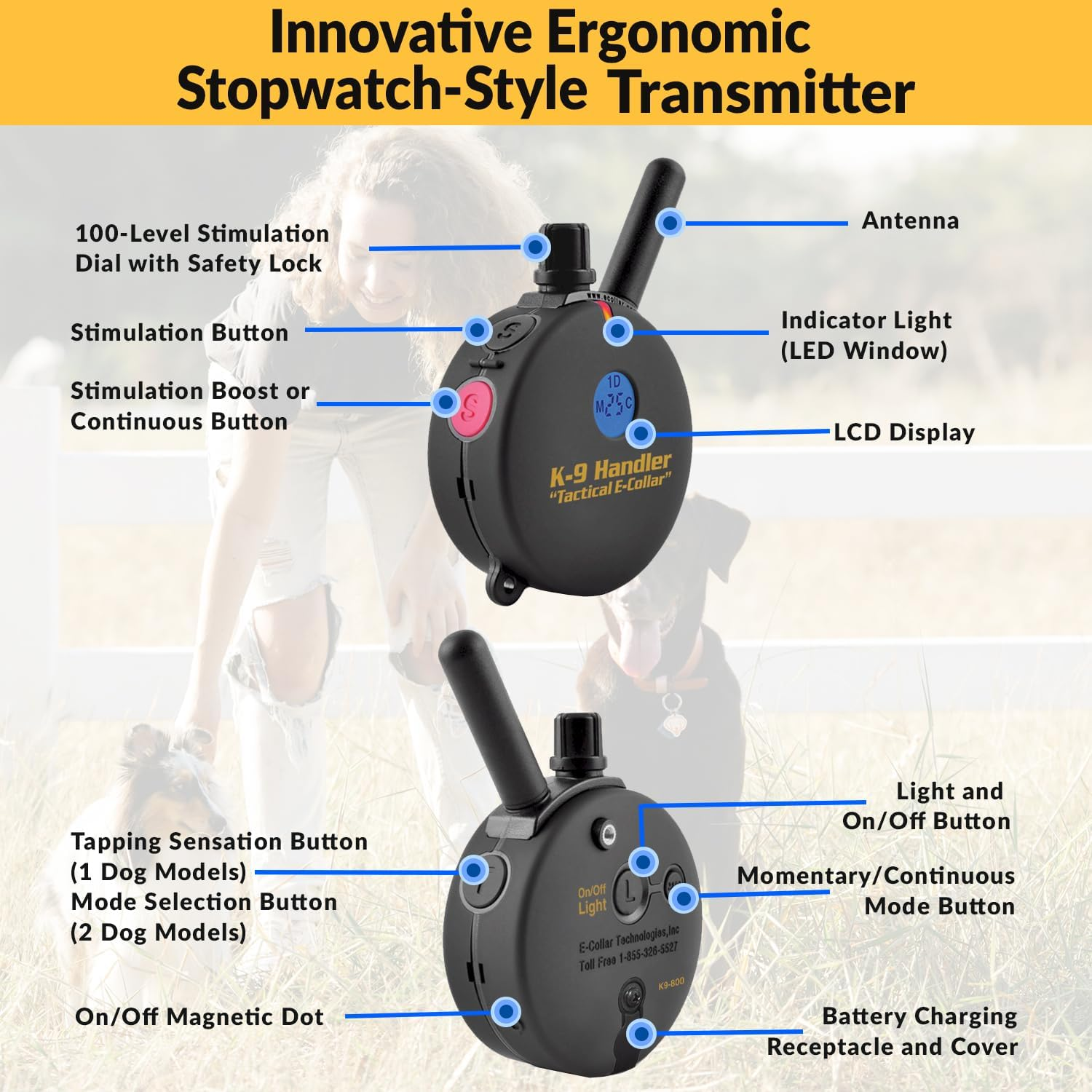 Educator K9 Tactical Dog Handler with Remote, 100 Levels Humane Stimulation, Pavlovian Tone, Waterproof, Odorproof Biothane Bungee Collar, Night Light, Rechargeable, 1 Mile 2 Dog, 33" Collar, Black image number 1