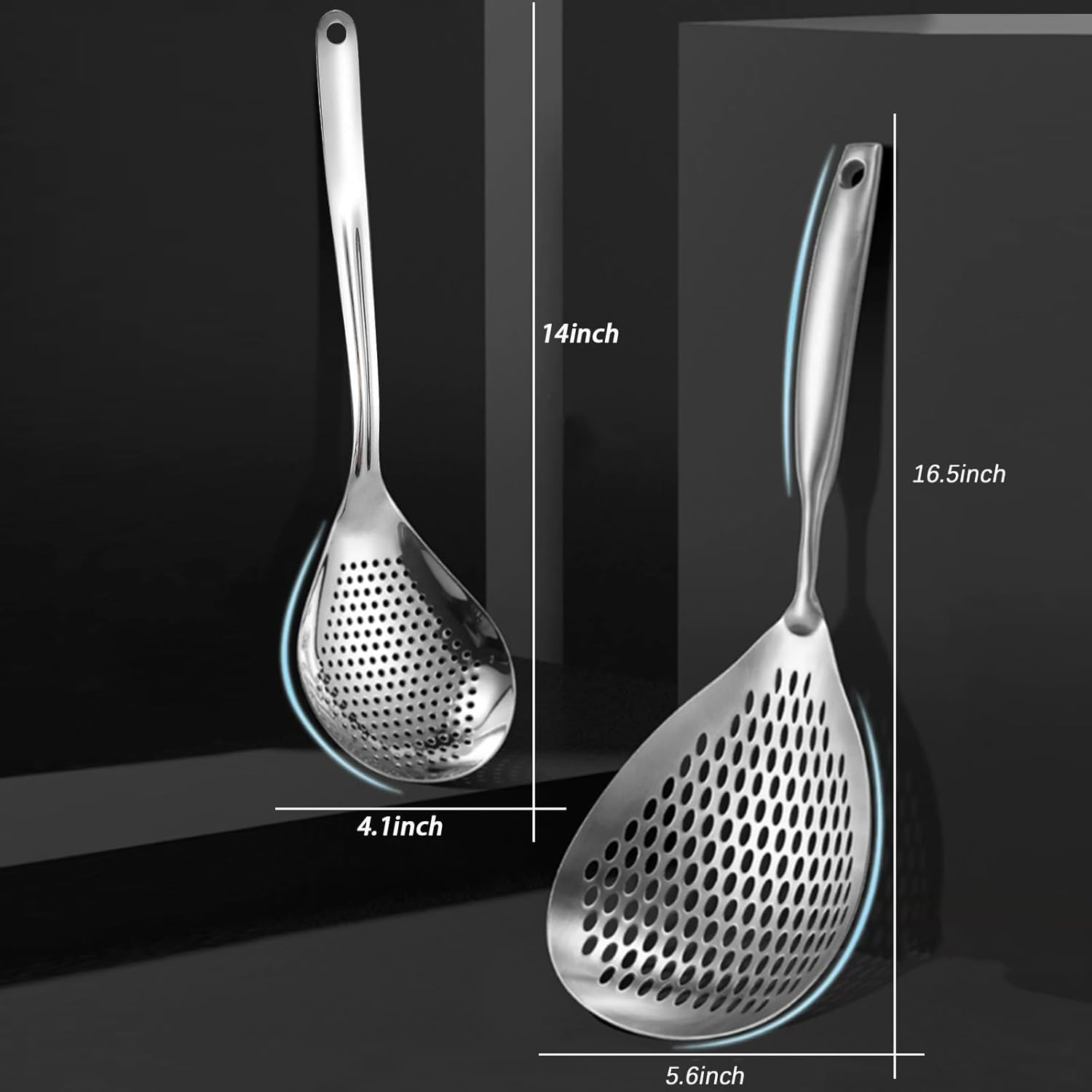 2 Pack Stainless Steel Skimmer Slotted Spoon Set for Frying and Cooking - Pasta Spider Strainer Ladle Spoon Combo - Kitchen Essential for Efficient Cooking and Straining image number 2