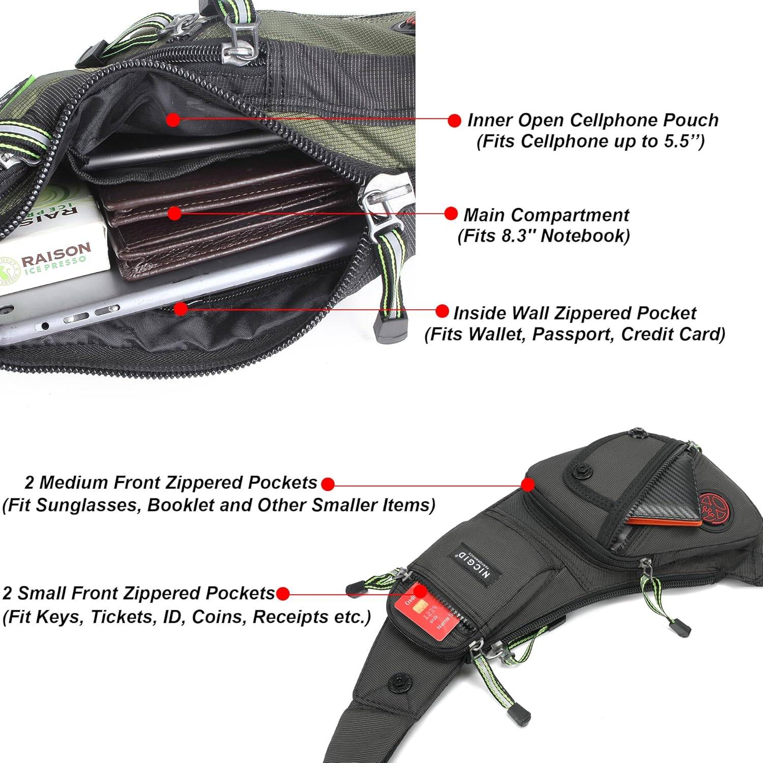 Nicgid Sling Bag Chest Shoulder Backpack Fanny Pack Crossbody Bags for Men - Army Green-1 image number 5