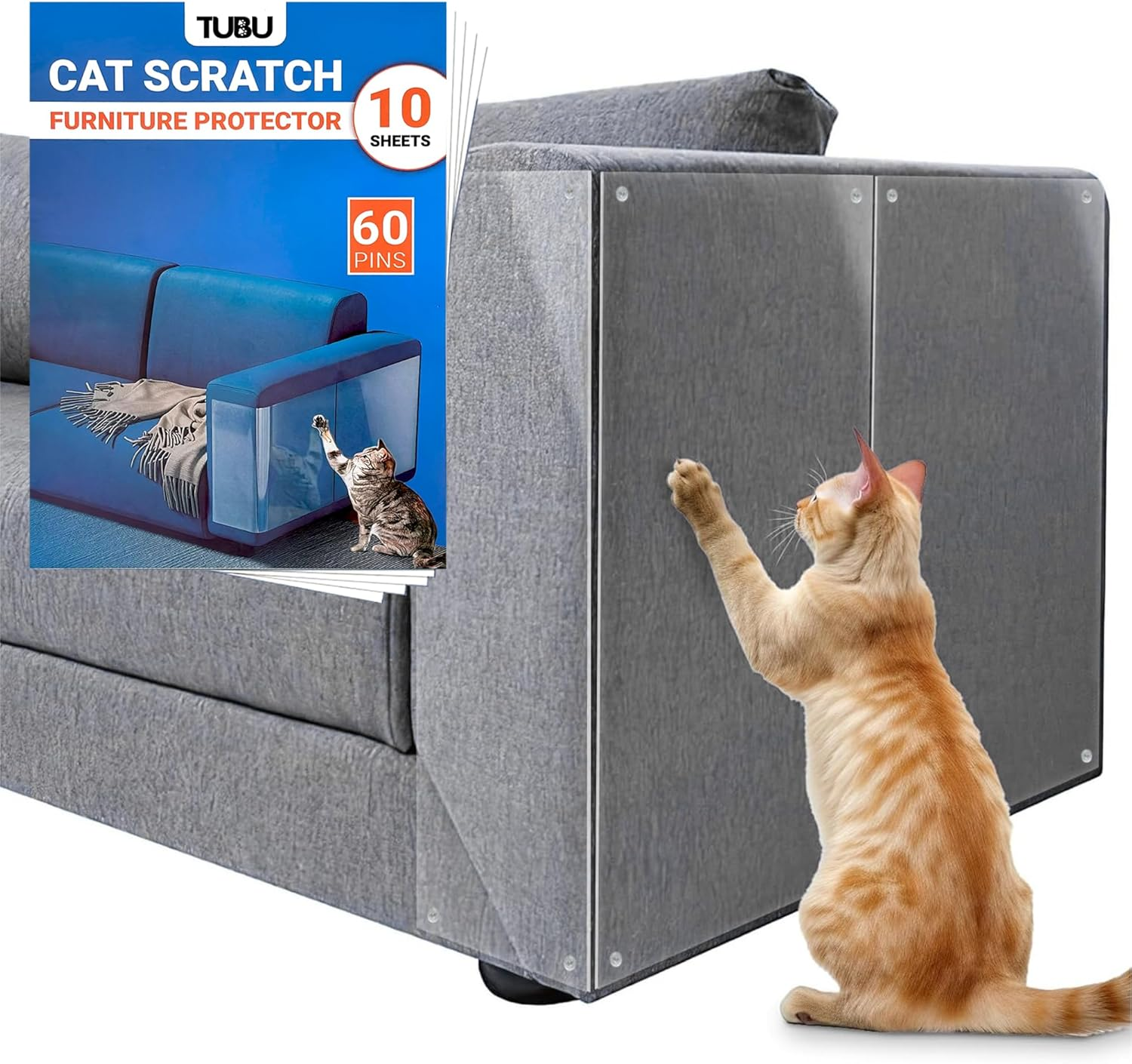 Cat Scratch Furniture Protector - 10 Pack, 44 Cm X 33 Cm, Transparent, Includes 60 Pins, Couch Corner Sofa Protector for Cats, anti Scratch Cat Furniture Guard image number 3