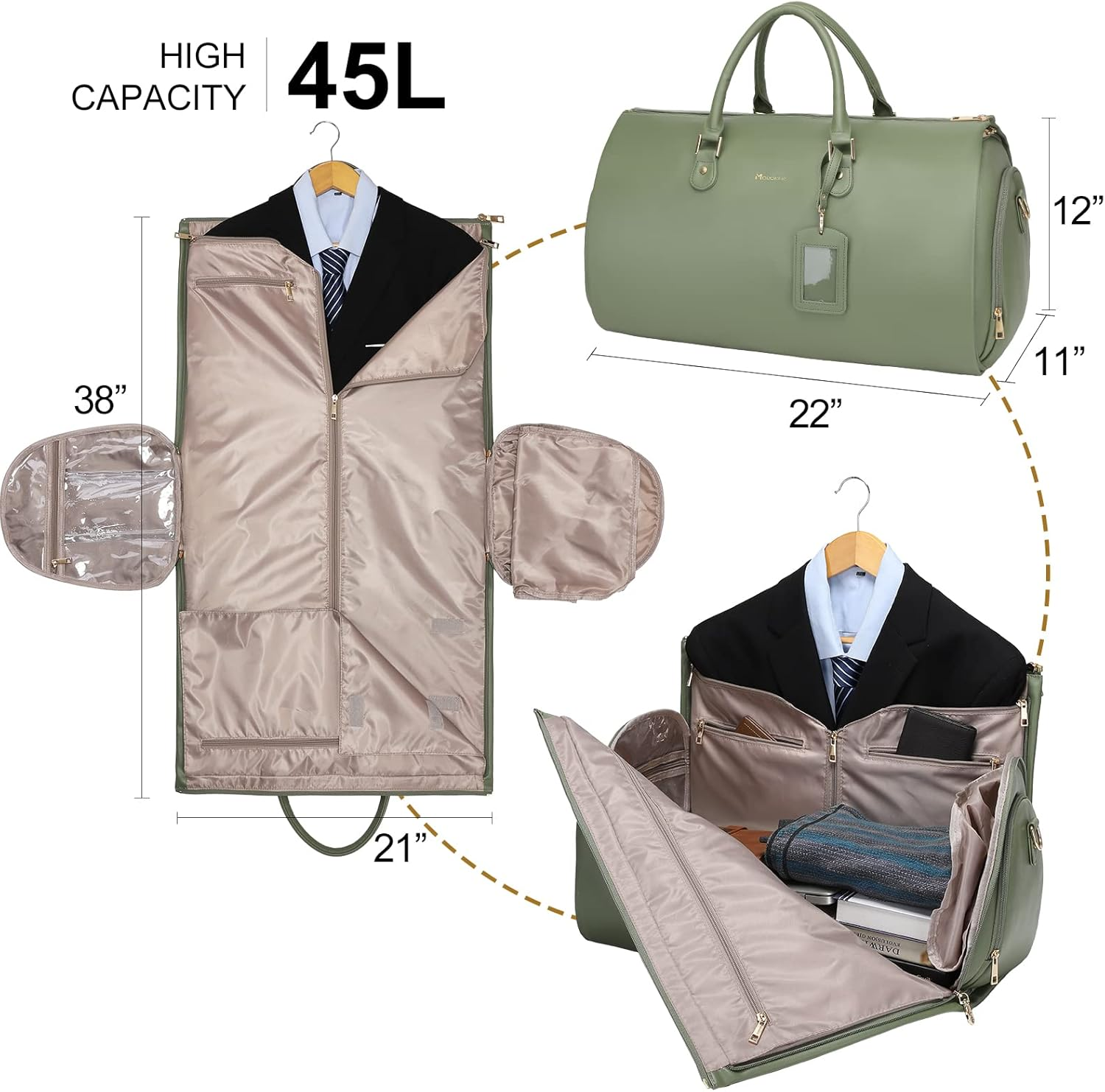 Modoker Women Convertible Leather Garment Bag with Shoulder Strap, Carry on Garment Duffel Bag - 2 in 1 Hanging Suitcase Suit Travel Bags image number 3