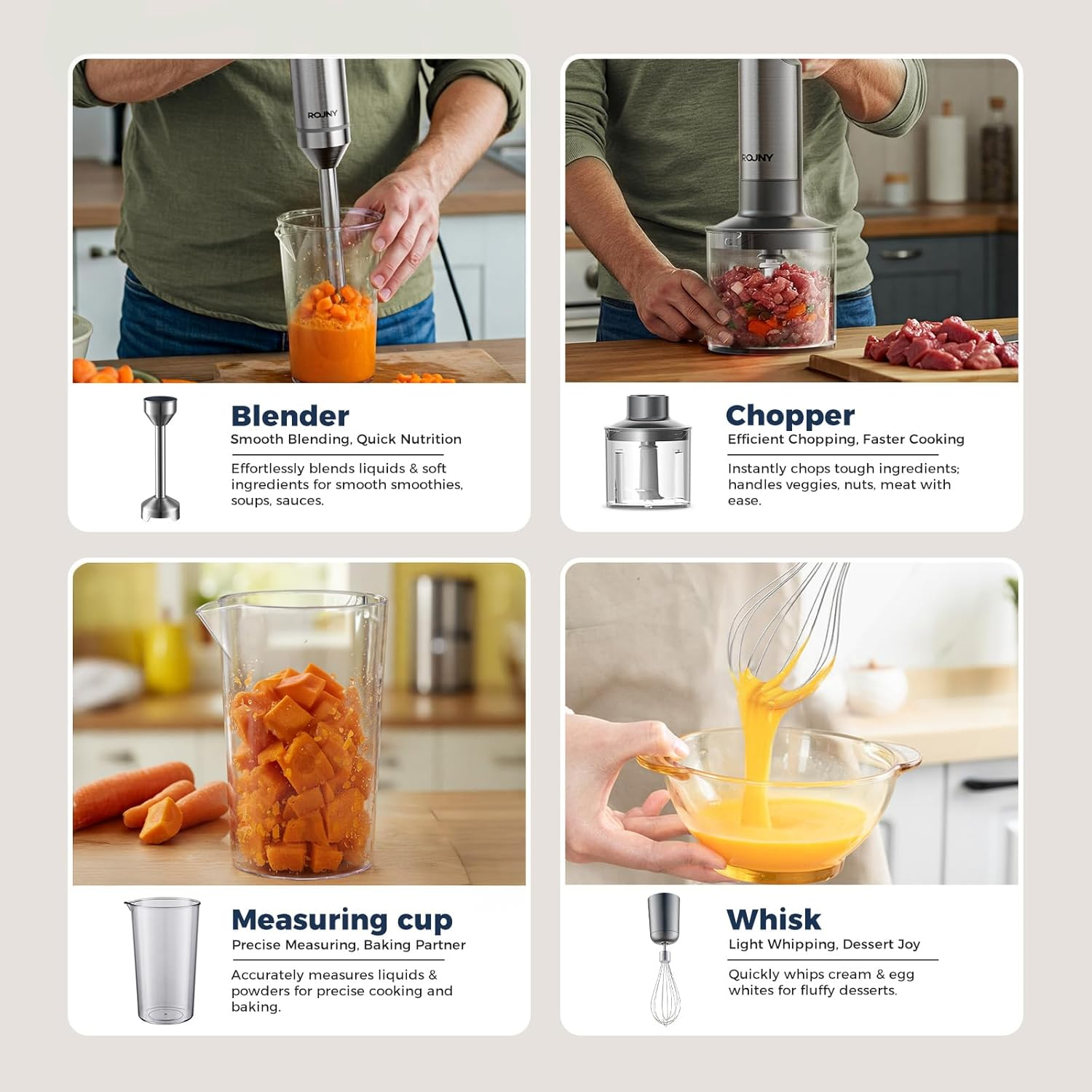 ROUNY Hand Immersion Blender, 1000W Powerful 4-In-1 Stick Blender with 9-Speed Control, Stainless Steel Body, Includes 700Ml Beaker, 500Ml Food Processor, Whisk Attachment, Bpa-Free image number 1