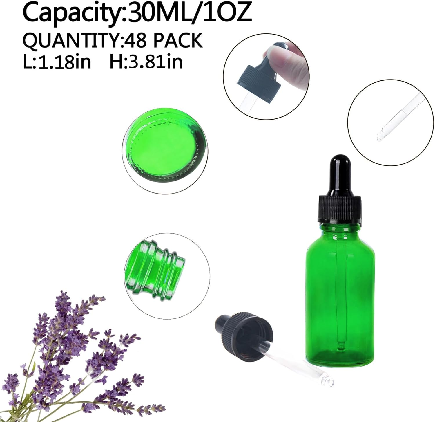 Easeen 48 Pack 1Oz Glass Dropper Bottles, Green Eye Dropper Bottles with Glass Droppers for Essential Oils, Perfumes (30Ml, Green) image number 2