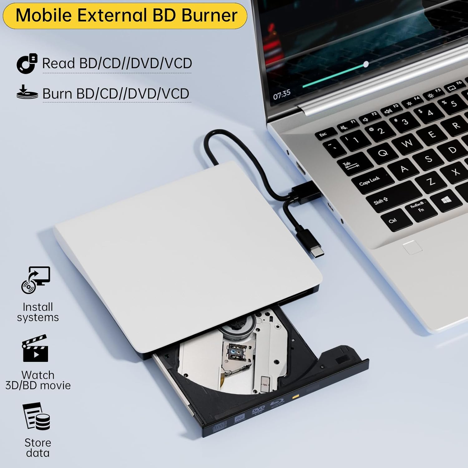 Areyourshop Type-C/Usb 3.0 External BD Burner|External Blu-Ray Drive| 6X Speed CD DVD Drive for Mac/Pc | Plug and Play for Macbook Pro/Air, Desktop Laptop - BD/CD/DVD Burn/Play/Read, Windows & Mac OS
