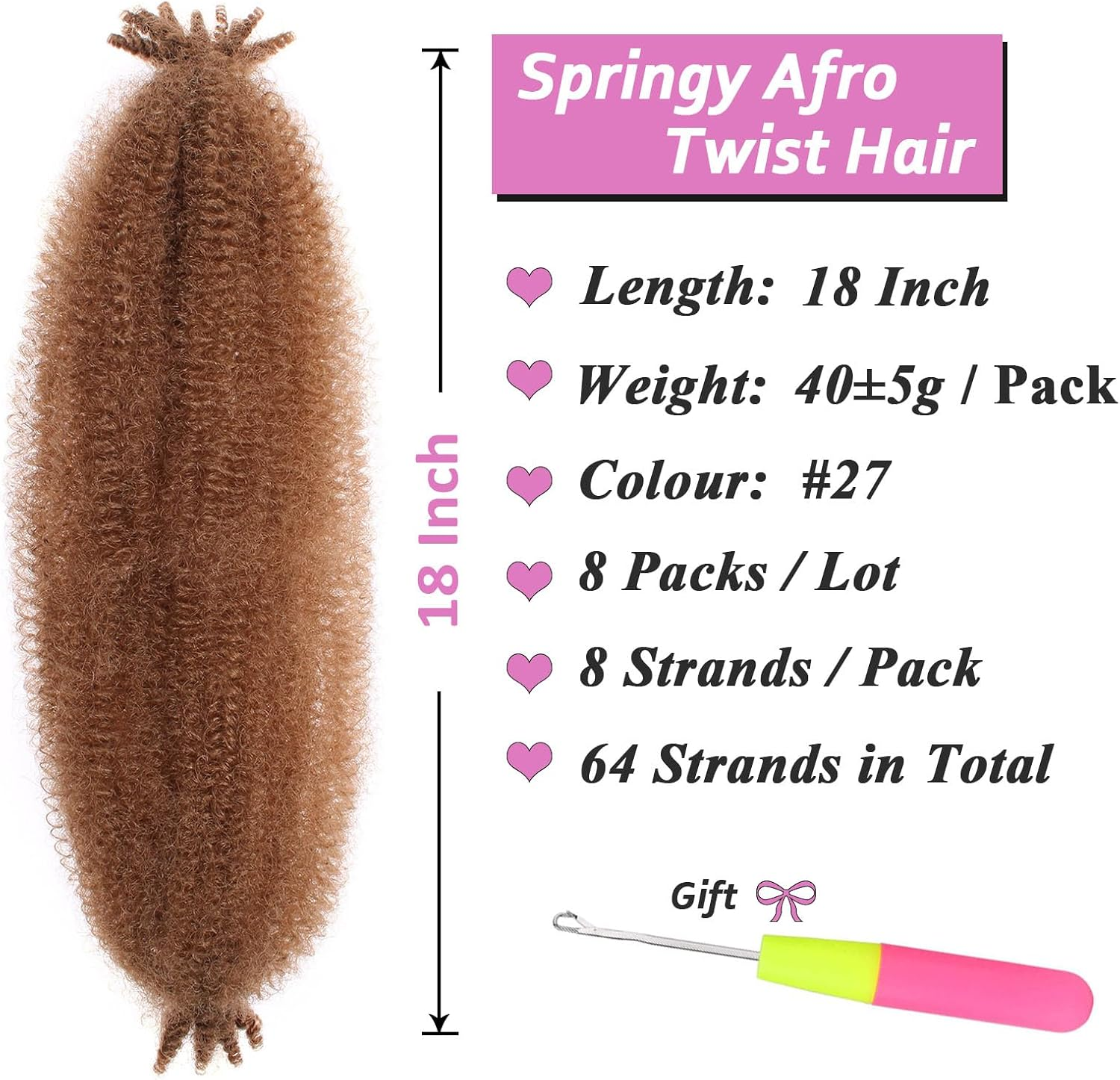 Samtress Springy Afro Twist Hair 18 Inch Pre-Separated Kinky Marley Twist Braiding Hair Soft Synthetic 8 Packs Pre-Fluffed Natural Spring Twist for Faux Locs Natural Afro Kinky Curly Hair (#27) image number 1