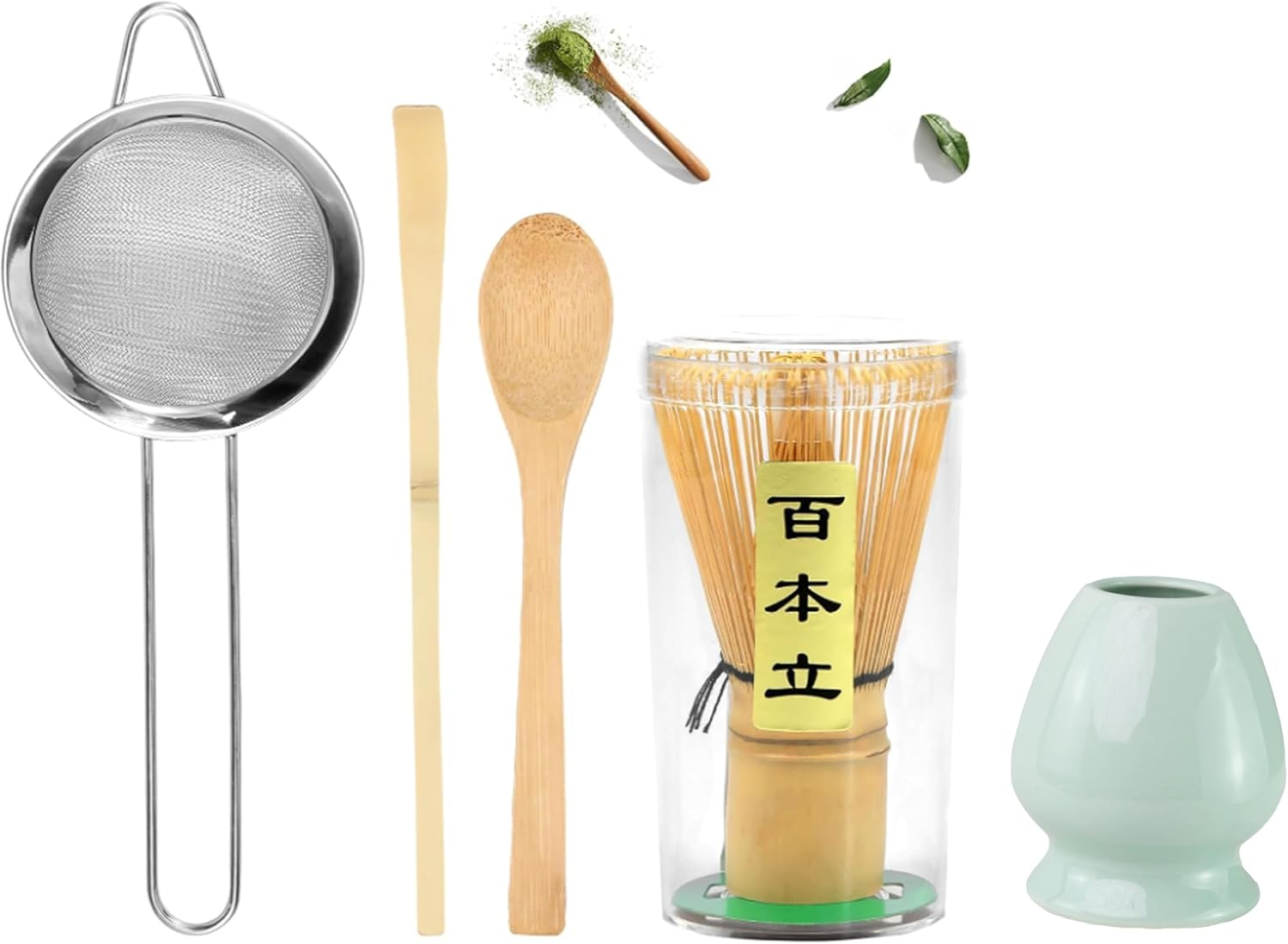 Bamboo Matcha Whisk Set, Myrthra Traditional Japanese Chasen Stirrer-Japanese Matcha Whisk with Bamboo Scoop, Stainless Sifter and Ceramics Whisk Holder image number 2