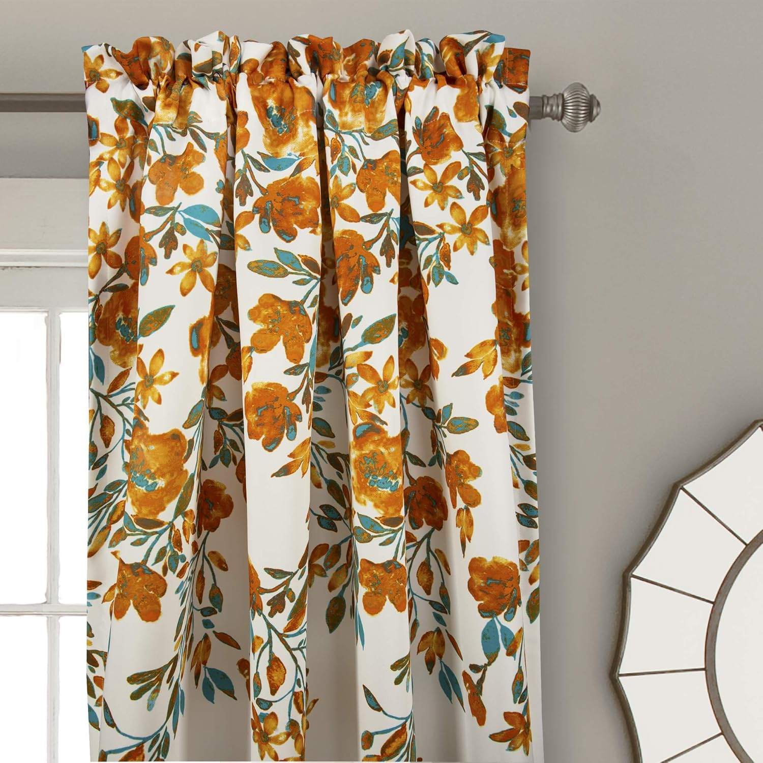 Lush Decor Tanisha Curtains - Light Filtering Window Panel Set, Pair - Floral Vine Print, Beautiful, Modern, Elegant Home Decor - 52" W X 84" L, Tangerine & Turquoise - Purple  Gray image number 2