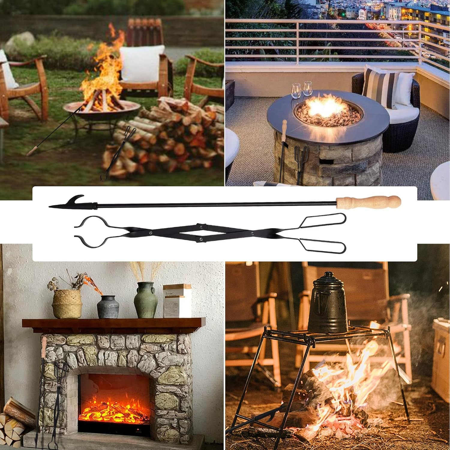 Fireplace Tools Set 26&rdquo; Tongs & 32&rdquo; Poker Foldable Log Grabber & Firewood Hook for Firepit Outdoor/Indoor Camping Grill BBQ by Zoloti