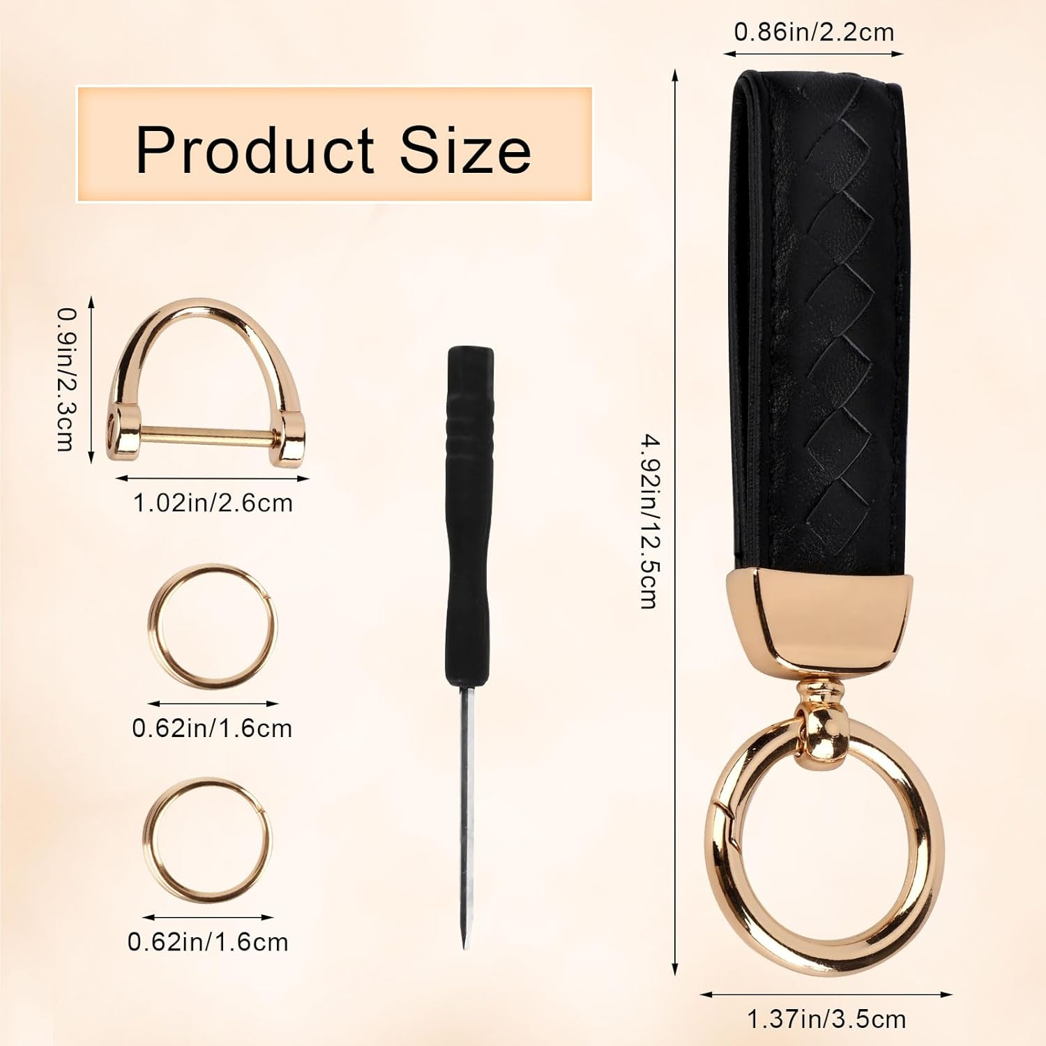 Genuine Leather Car Keychain, Car Key Chain Key Fob Holder with Anti-Lost D-Ring Keyrings and Screwdriver for Men Women Birthday Gift, Black, Large image number 6